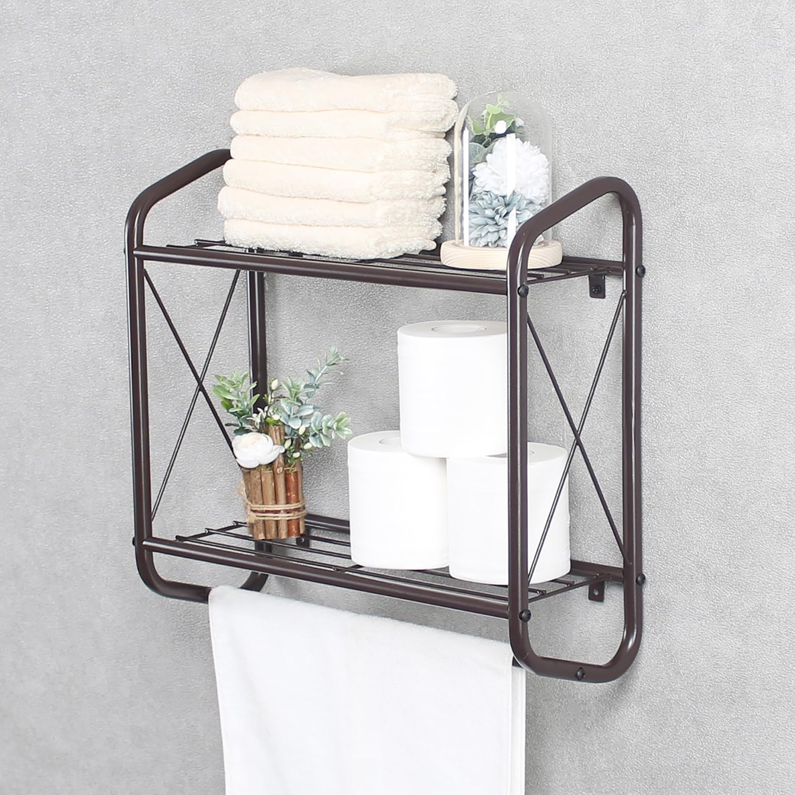 Photo 1 of Towel Racks for Bathroom Organizer Storage, 2-Tier Wall Mounted Shelves, Rustic Wall Shelf with Towel Bar, Wall Mounted Towel Bar, Bathroom Shelf Over Toilet,Brown