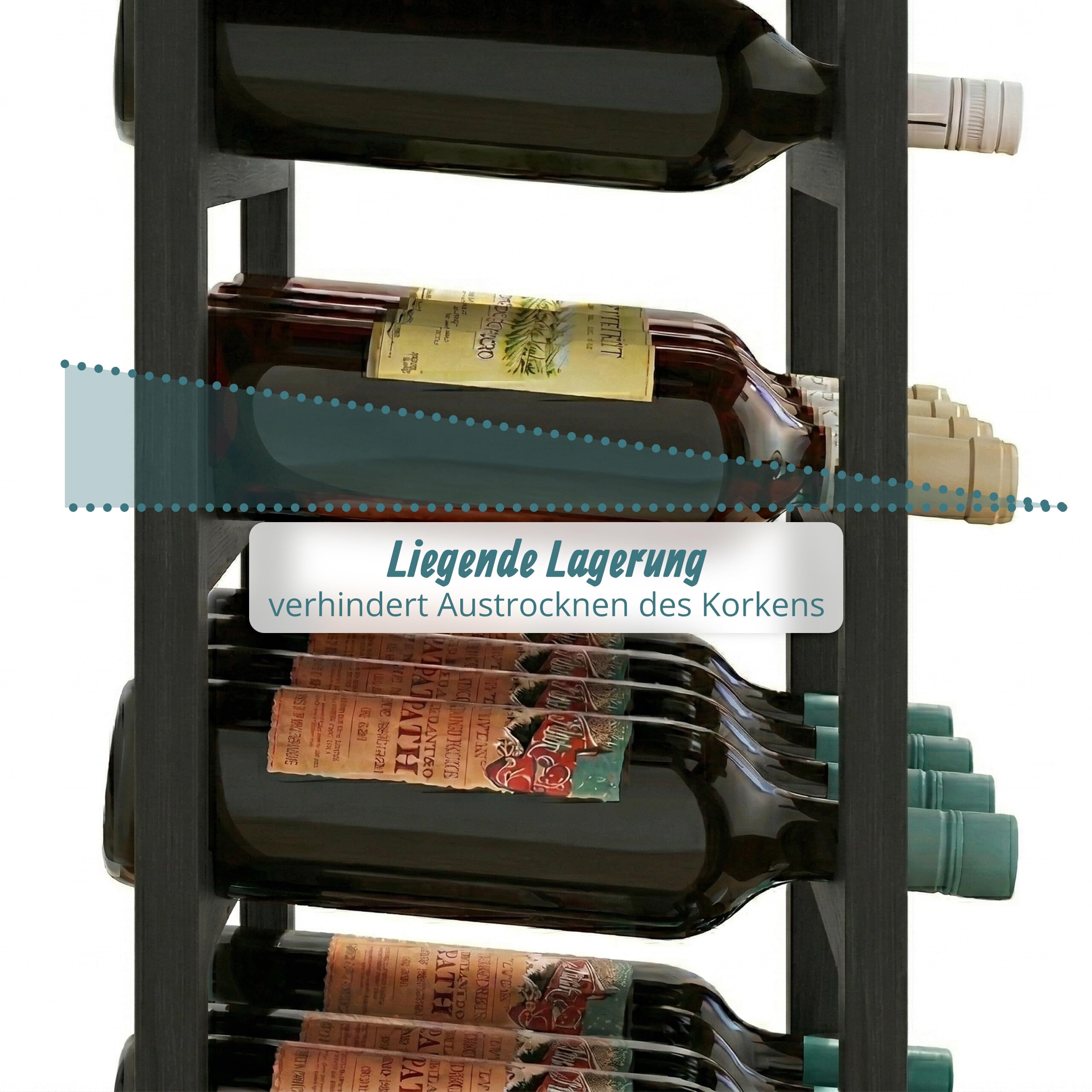 Relaxdays Weinregal, 28 Flaschen, Walnussholz, HBT 94x47x26 cm, Weinhalter für Rot- & Weißwein, Flaschenregal, schwarz