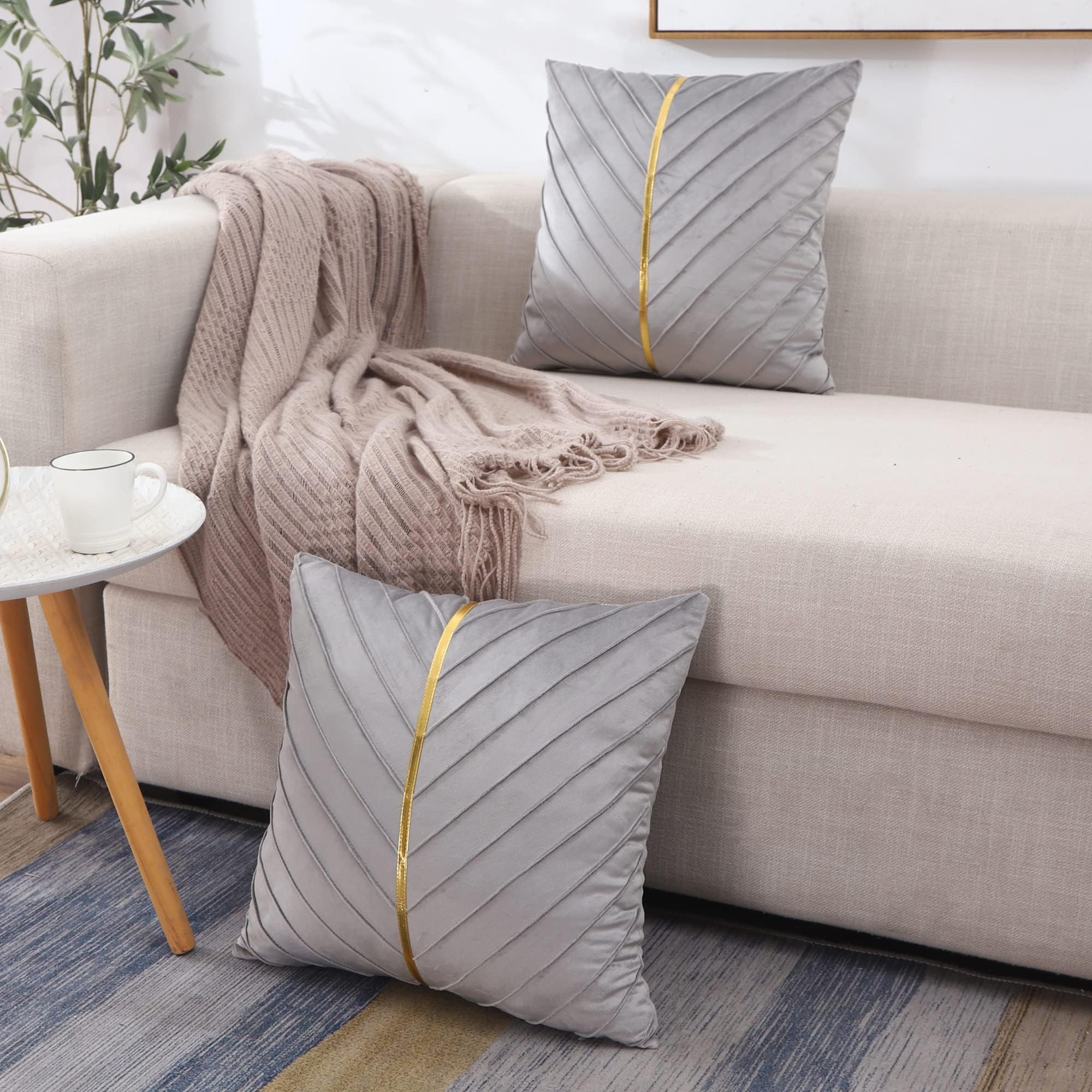 Tosleo Gray Velvet Throw Pillow Covers 22x22 inch Pack of 2 with Gold Leather Decorative Couch Pillowcases Luxury Modern Pillow Cases for Living Room Bedroom Sofa Cushion Bed 55 x 55 cm - Image 2