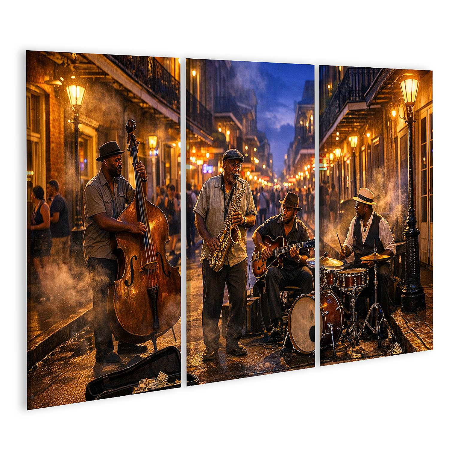 islandburner Quadro su tela, motivo: musica jazz vivace sulla strada, per gli amanti della musica, 3 pezzi