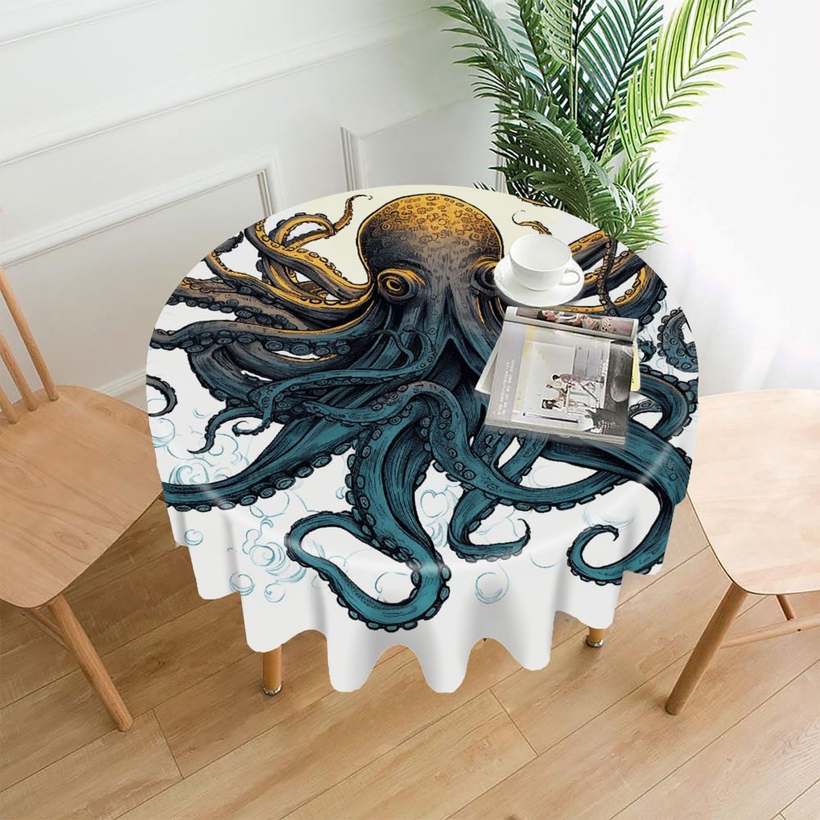 VstaDank Sun Ocean Octopus Tablecloth Easy to Clean Polyester Round Table Cover Washable Round Table Cloth Wrinkle-Free Circle Decoration Tablecloth for Kitchen Dining Room 60"