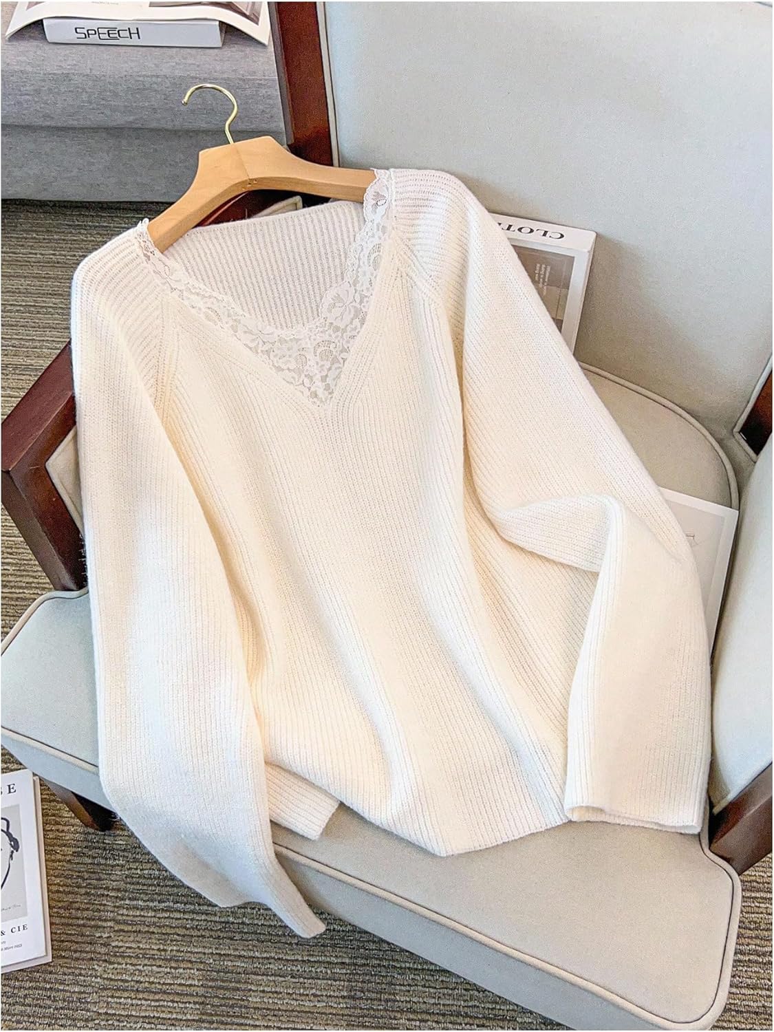 MakeMeChic Women's Plus Size Lace V Neck Sweater Long Sleeve Rib Knit Pullover Tops - Image 4