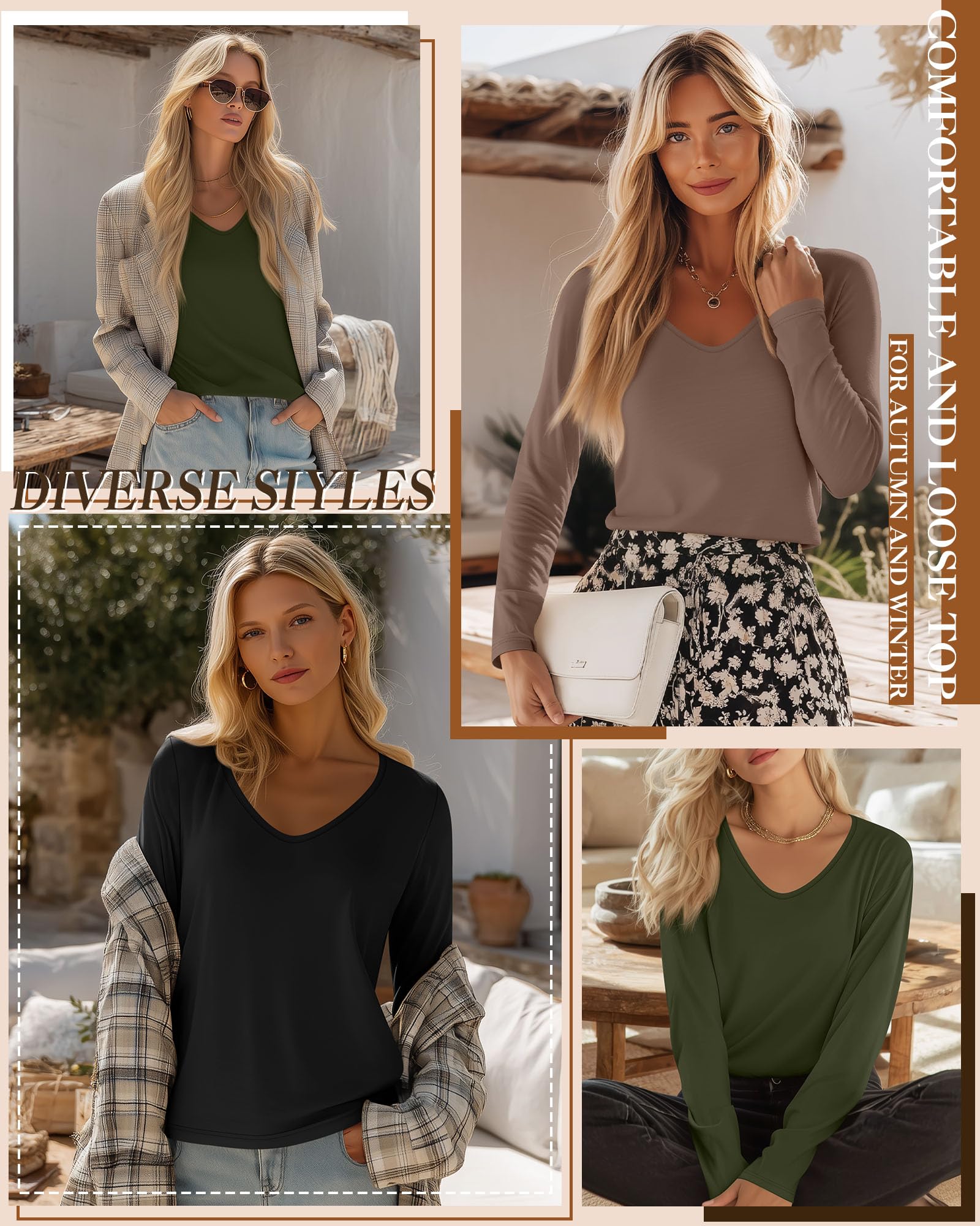 Ficerd Lot de 3 Hauts pour Femme col V Manches Longues | Col V, Manches Longues, Coupe Ample, Tissu Doux, T-shirts Basiques D'automne, Hauts Casual Du Quotidien, Mode Femme Tendance