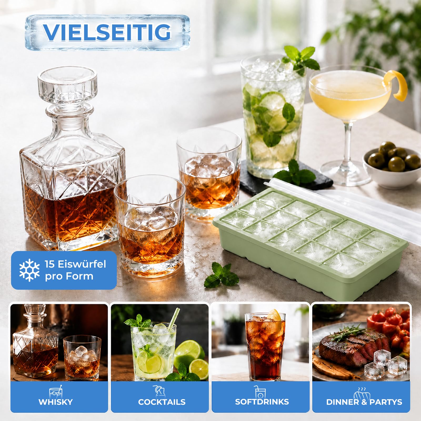 Pack 2 Cubiteras Silicona anti-olor con Tapa, 15 cavidades cada una, fácil de desmoldar, apilable, aptas para lavavajillas, LFGB sin BPA. Para hielo de café, whisky, purés. Verde