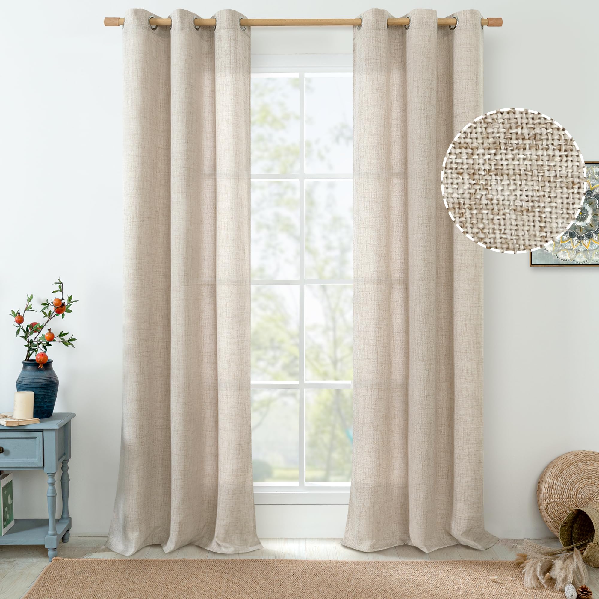 QUEMAS Linen Curtains 84 Inch Length for Living Room, Light Filtering Burlap Living Room Curtains Semi Sheer Non See Through Grommet Curtains for Farmhouse, Narrow 38 Inch Wide, Natural
