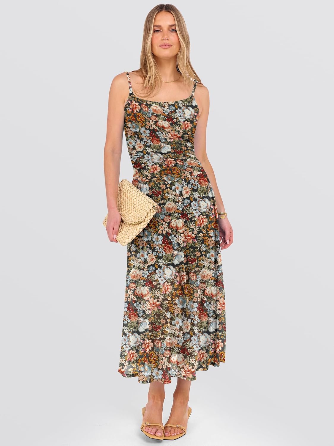 Caracilia Womens Summer Midi Dress Mesh Floral Spaghetti Strap Ruched Cocktail Party Wedding Guest Beach Vaction Long Dresses - Image 5