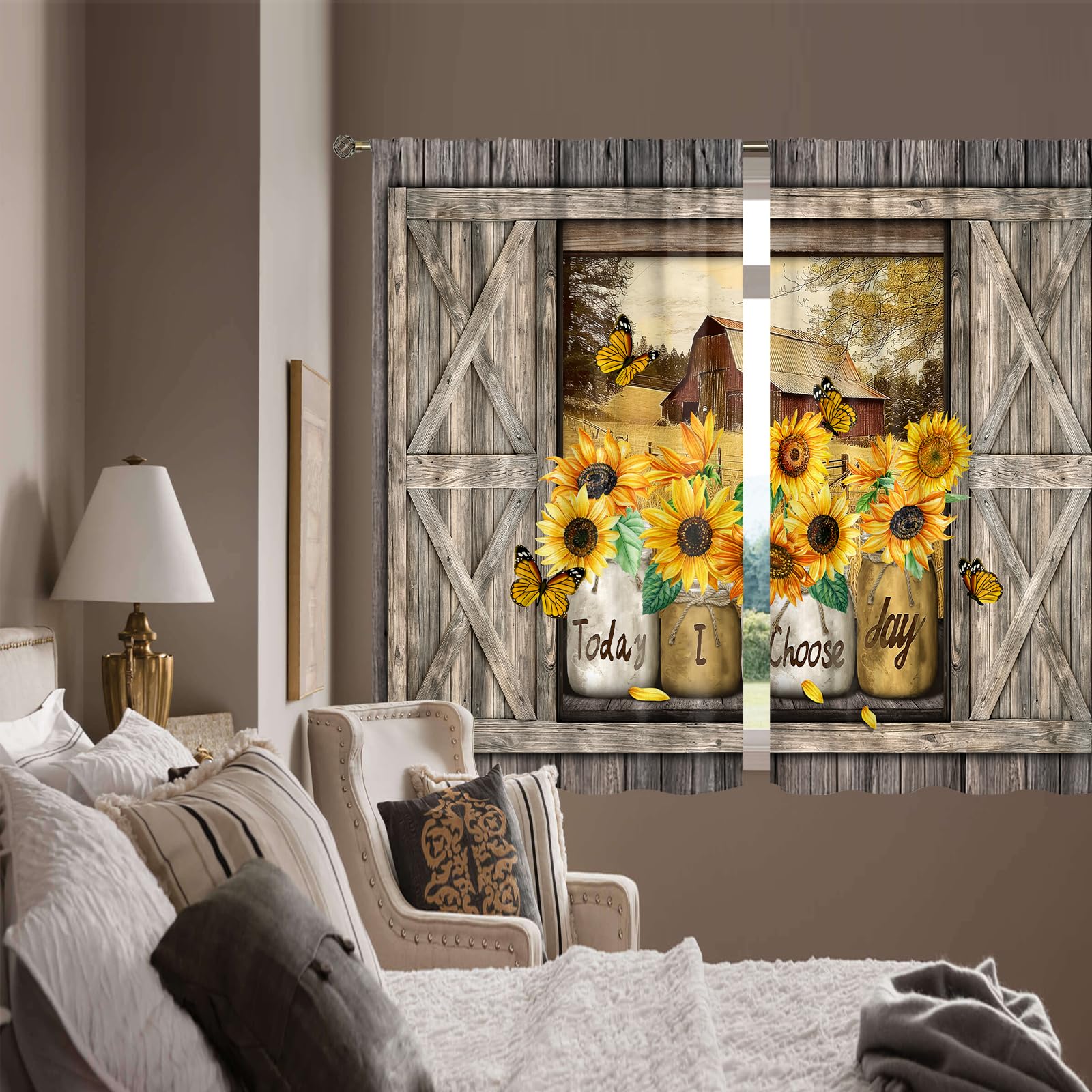 Farmhouse Sunflower Kitchen Curtains Set Of 2 - Teal Wooden Flower Rustic Short Window Curtains 27.5x39 Inches - View #10