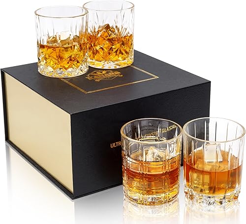 KANARS Juego de 4 vasos de whisky  Vasos de licor de cristal de estilo múltiple de 10 onzas  Rocas de vidrio de bar para whisky, bourbon, ron y
