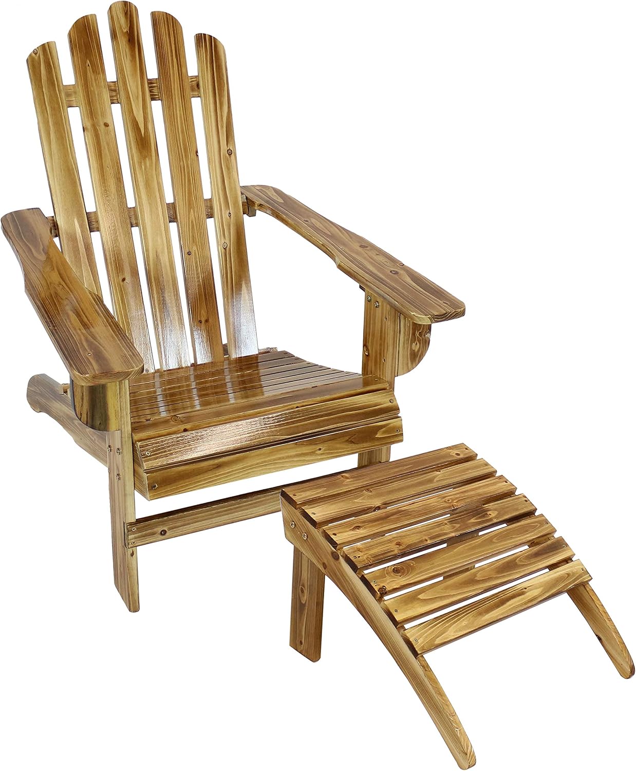 Sunnydaze Rustic Wooden Outdoor Adirondack Chair and Ottoman Patio Furniture Set with Light Charred Finish