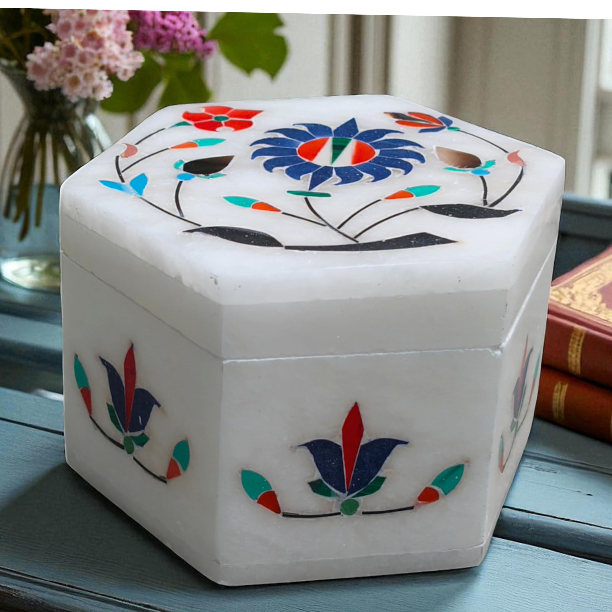 Agra Craft Sechseckige Schmuckschatulle aus weißem Marmor mit Blumeneinlage, handgefertigter Pietra Dura Steinkunst-Schmuckhalter, dekorativer Andenken-Organizer für Heimdekoration, Geschenke oder