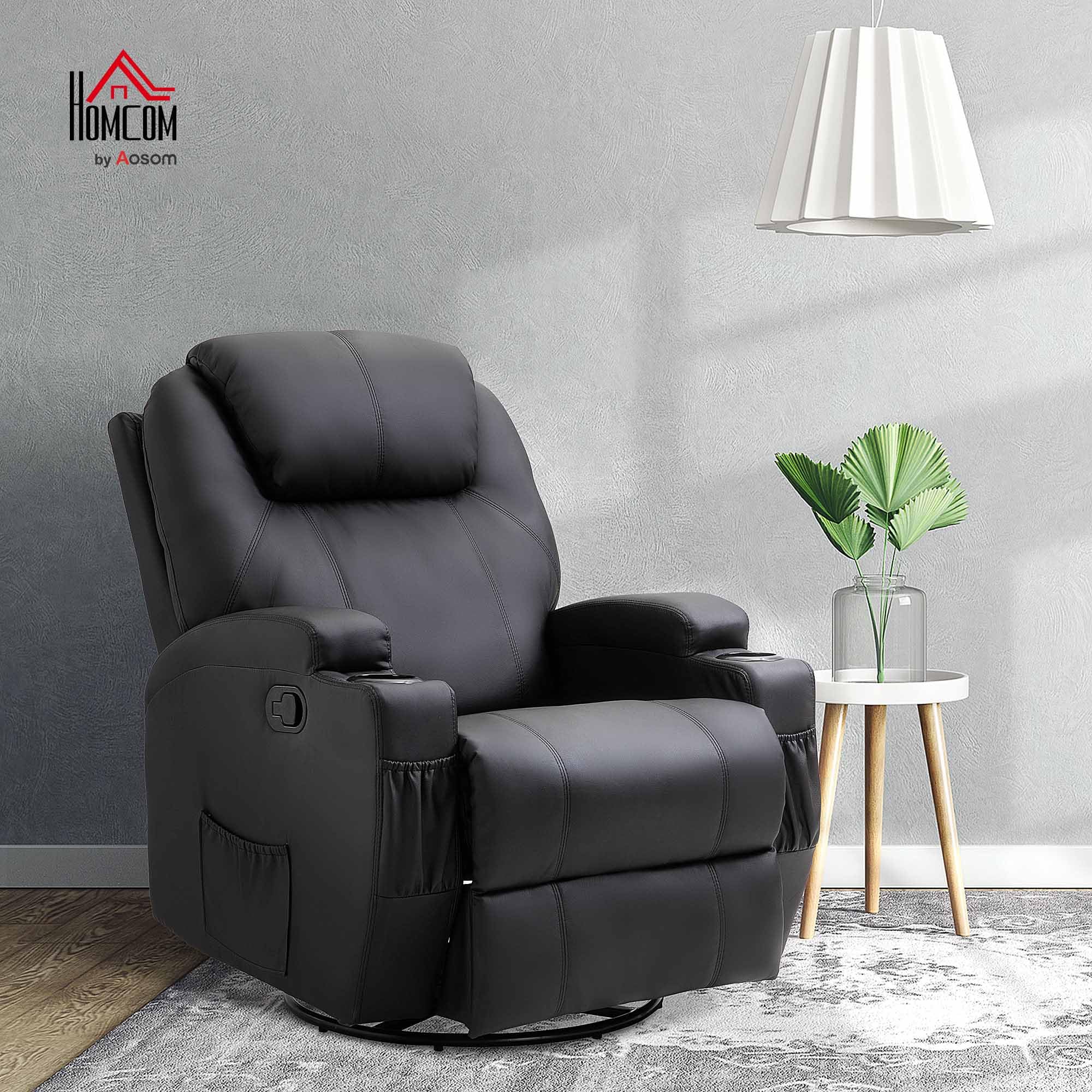 HOMCOM Poltrona Massaggiante Reclinabile Manuale, Poltrona Relax Elettrica Girevole con 2 Portabicchieri, Telecomando, Poggiapiedi e 4 Tasche Laterali, in Pelle PU, Legno e Acciaio, Nero