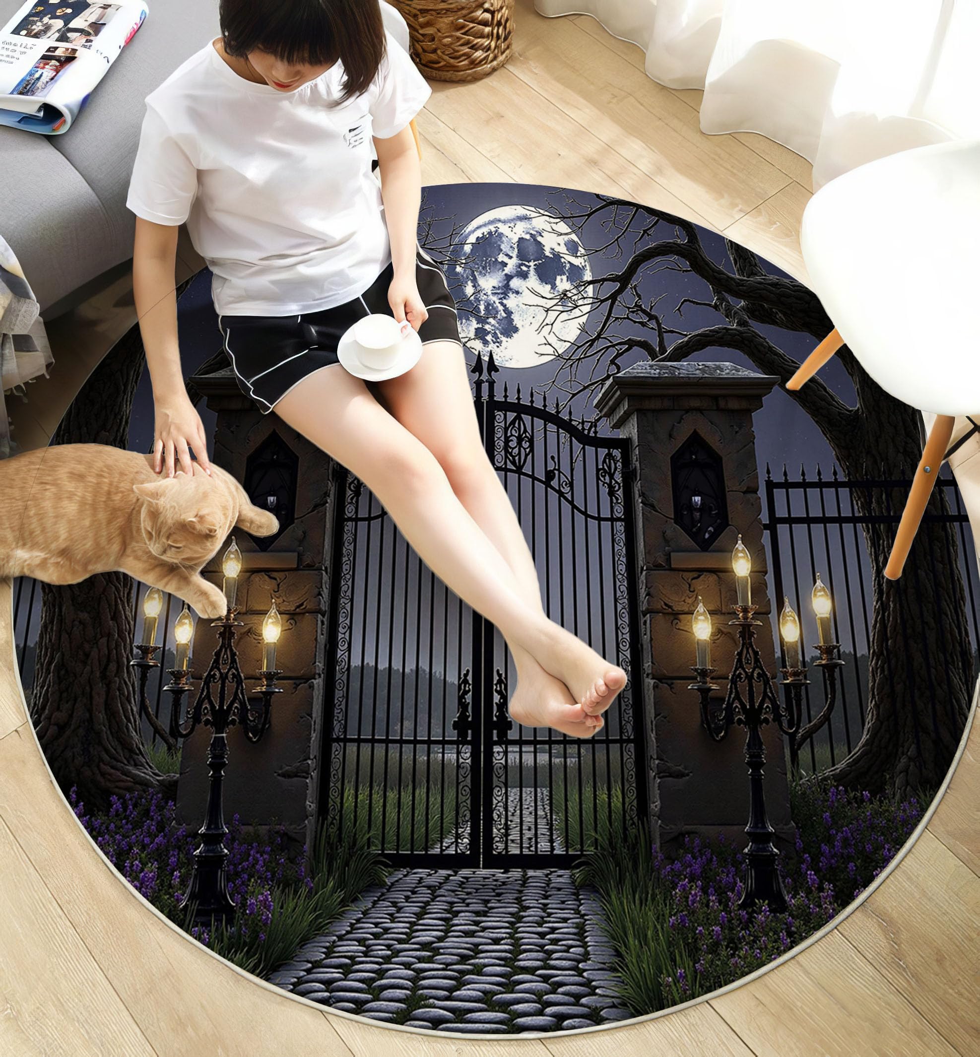 Tapis Rond Imprimé Porte en Fer Lune, Mystérieux Gothique Antidérapant Décoration Bleu Foncé Tapis de Sol, pour Chambre d'enfant Salle de Jeux Salon Chambre Cuisine Balcon 120cm