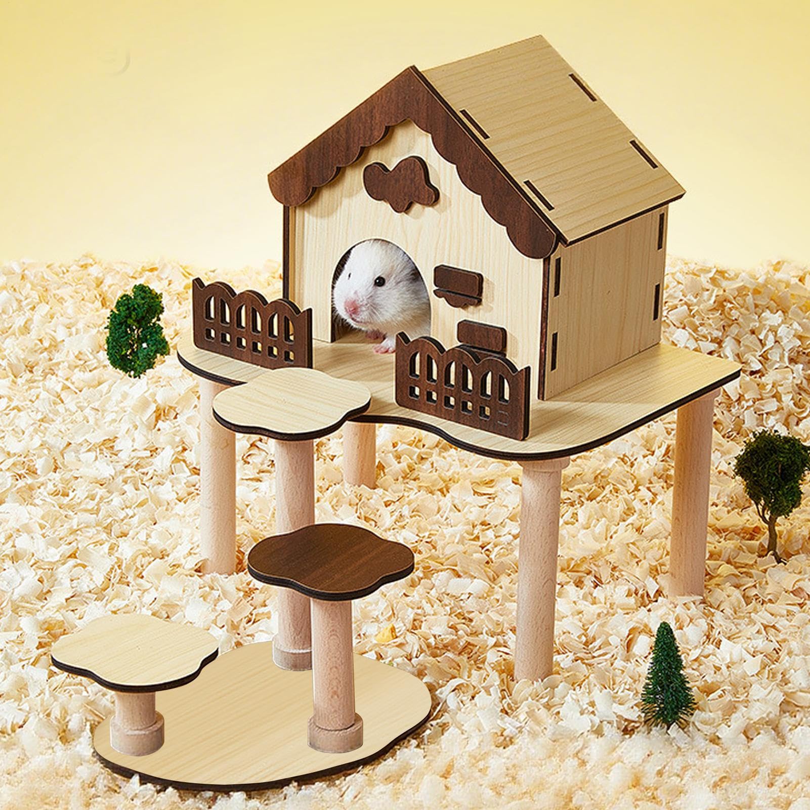 Hamsterhütte Holz Hamsterhaus Labyrinth mit Treppenzaun | Villa Bett Deko Käfig Zubehör für Zucht Zuhause Schlafen Stress Zwergmäuse Spieltier Kleintiere