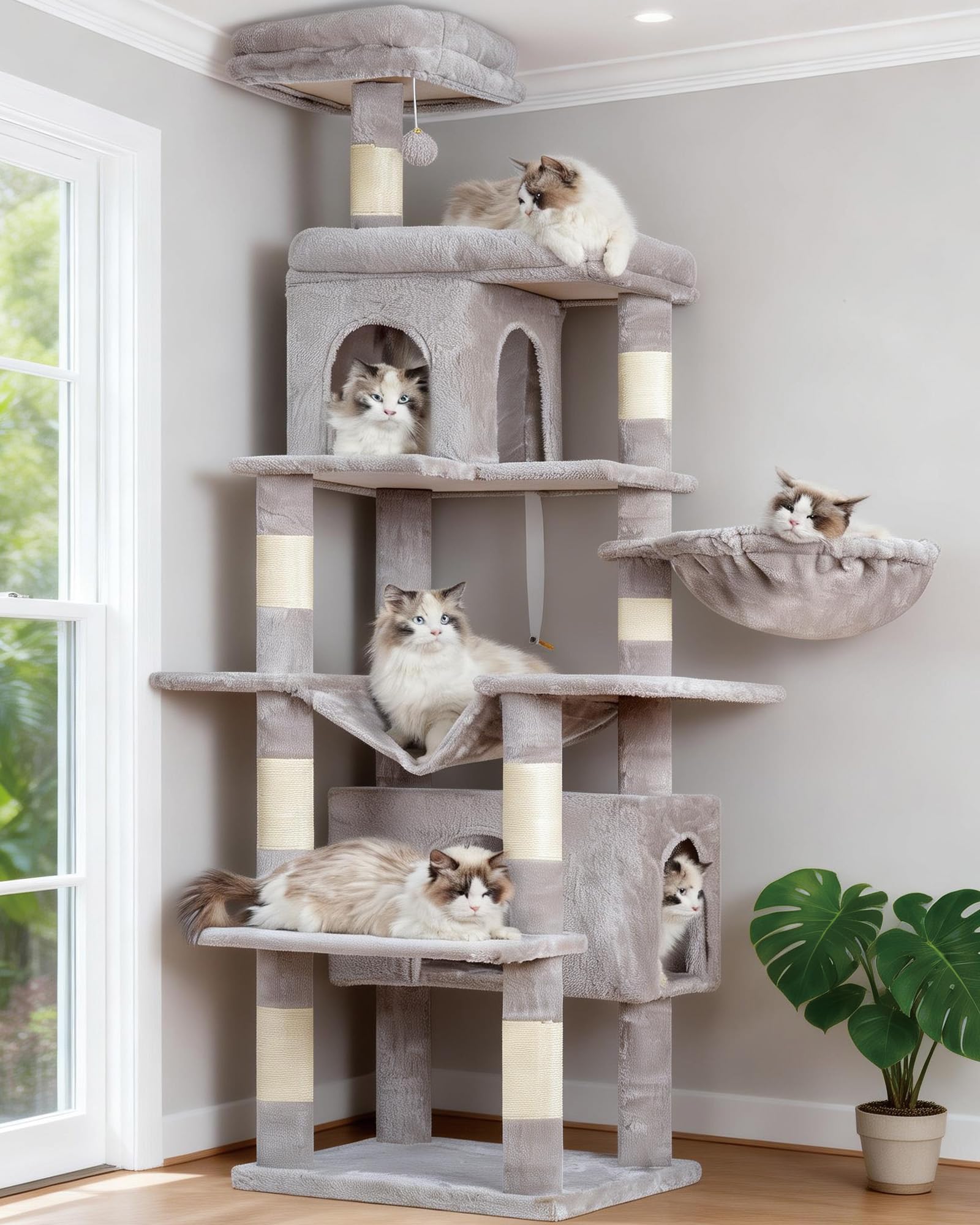 Heybly Árbol para Gatos Alto, 178 cm Altura, Columna Rascador para Gatos Domésticos, Árbol Multi - Niveles: 8 Columnas Rascador, 2 Huecos, 2 Plataformas, Hamaca y Cesto,Gris humeado HCT036W