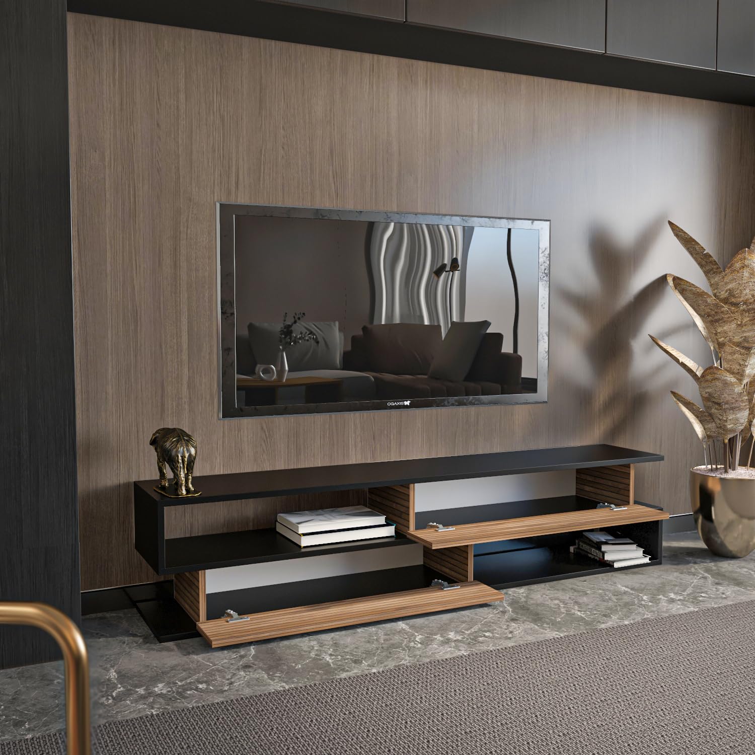 DECOROTIKA Meuble TV Cortez 160 cm avec 2 armoires et 2 niches - Noir et Effet Alina