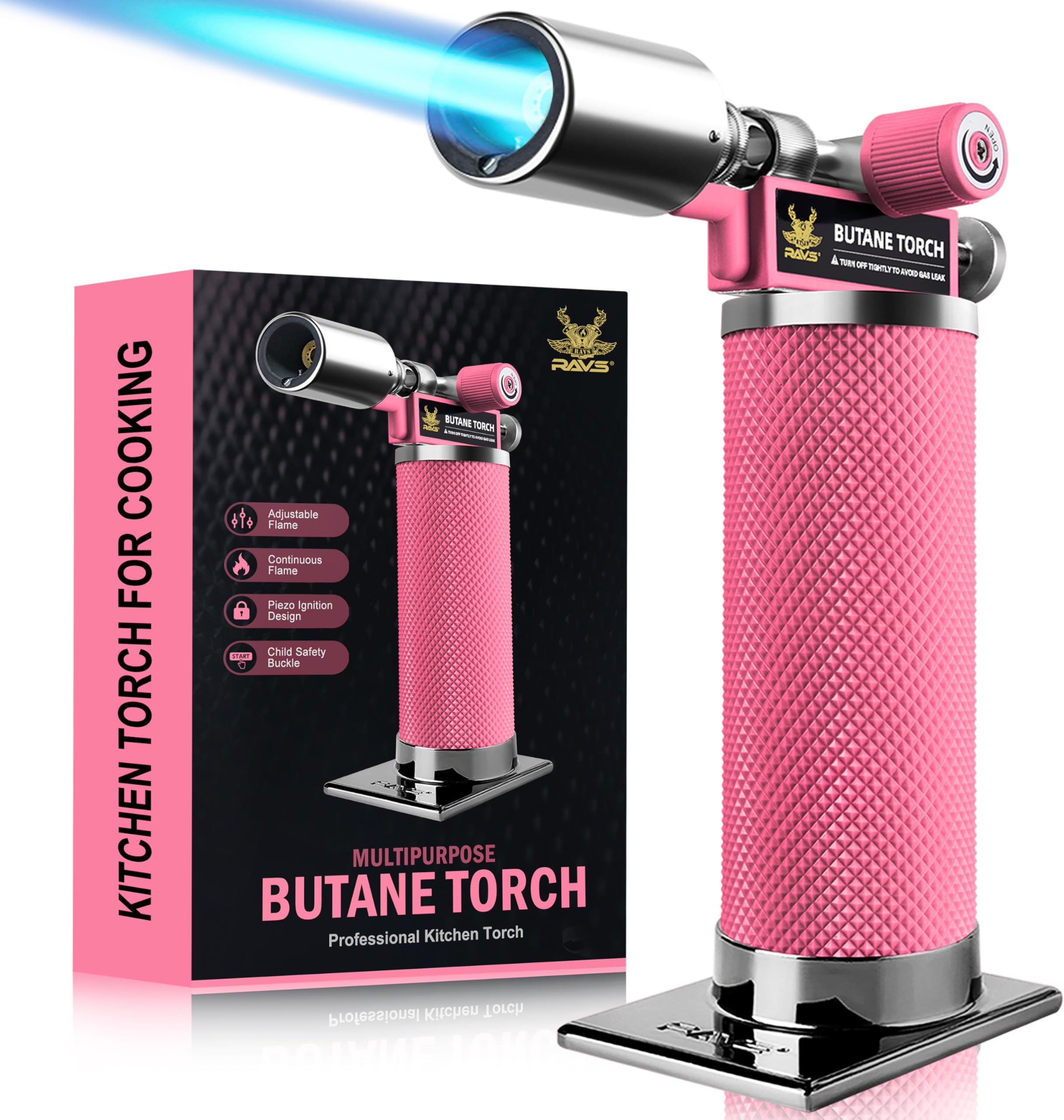 RAVS Butane Torch, Kitchen Torch Lighter for Creme Brulee with Adjustable Flame, Cooking Torch for Baking, BBQ, Desserts, Metal Mini Torch with Safety Buckle, Pink (Butane Not Included)