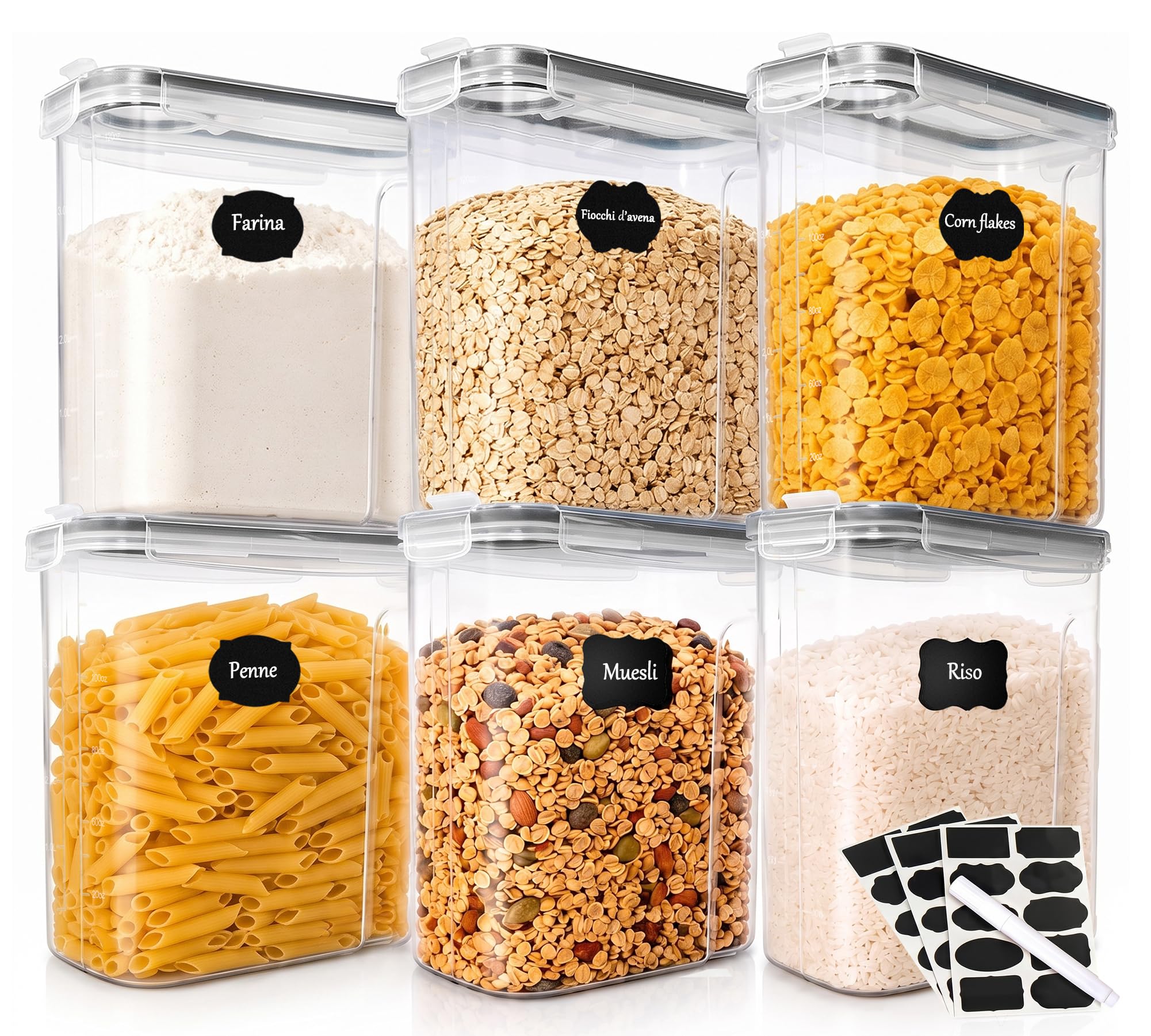 GoMaihe Contenitori Ermetici per Alimenti, 6 x 4 L, Muesli e Cereali | Una Confezione intera per Contenitore: ca. 750 g di Muesli o Cornflakes, 1,5 kg di Fiocchi d’avena, 2 kg Farina; Senza BPA