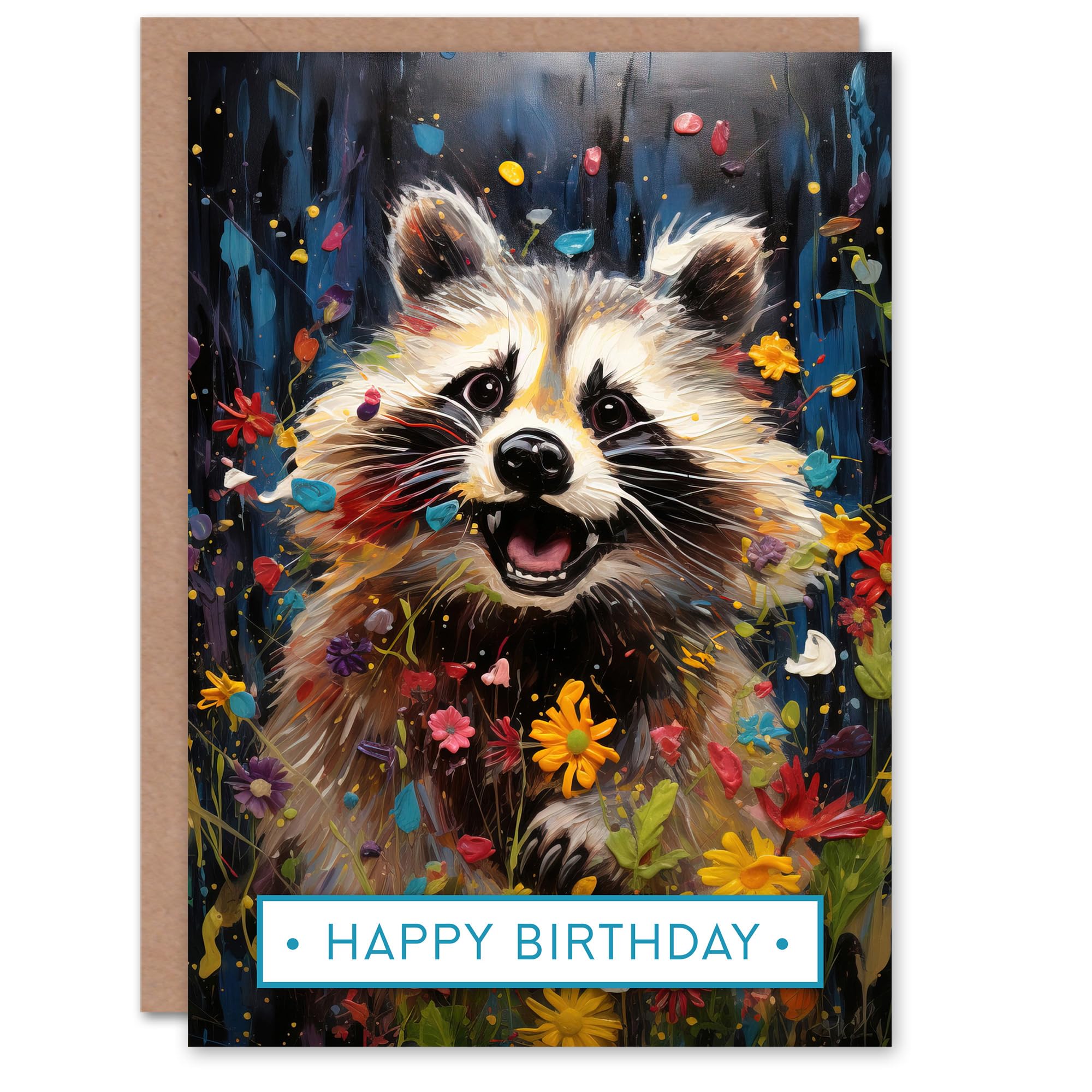Artery8 Happy Birthday Playful Raccoon in Wildflower Meadow Birthday Card