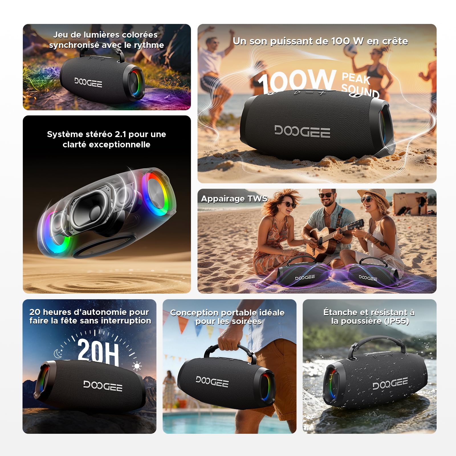 Enceinte Bluetooth Puissante Portable avec Bass Puissantes, 100W Crête, 60W Subwoofer, Deux 20W Tweeters, Autonomie 20H, Lumière RGB, TWS Haut Parleur sans Fil IP55 Étanche pour Fêtes, Piscine - Noir