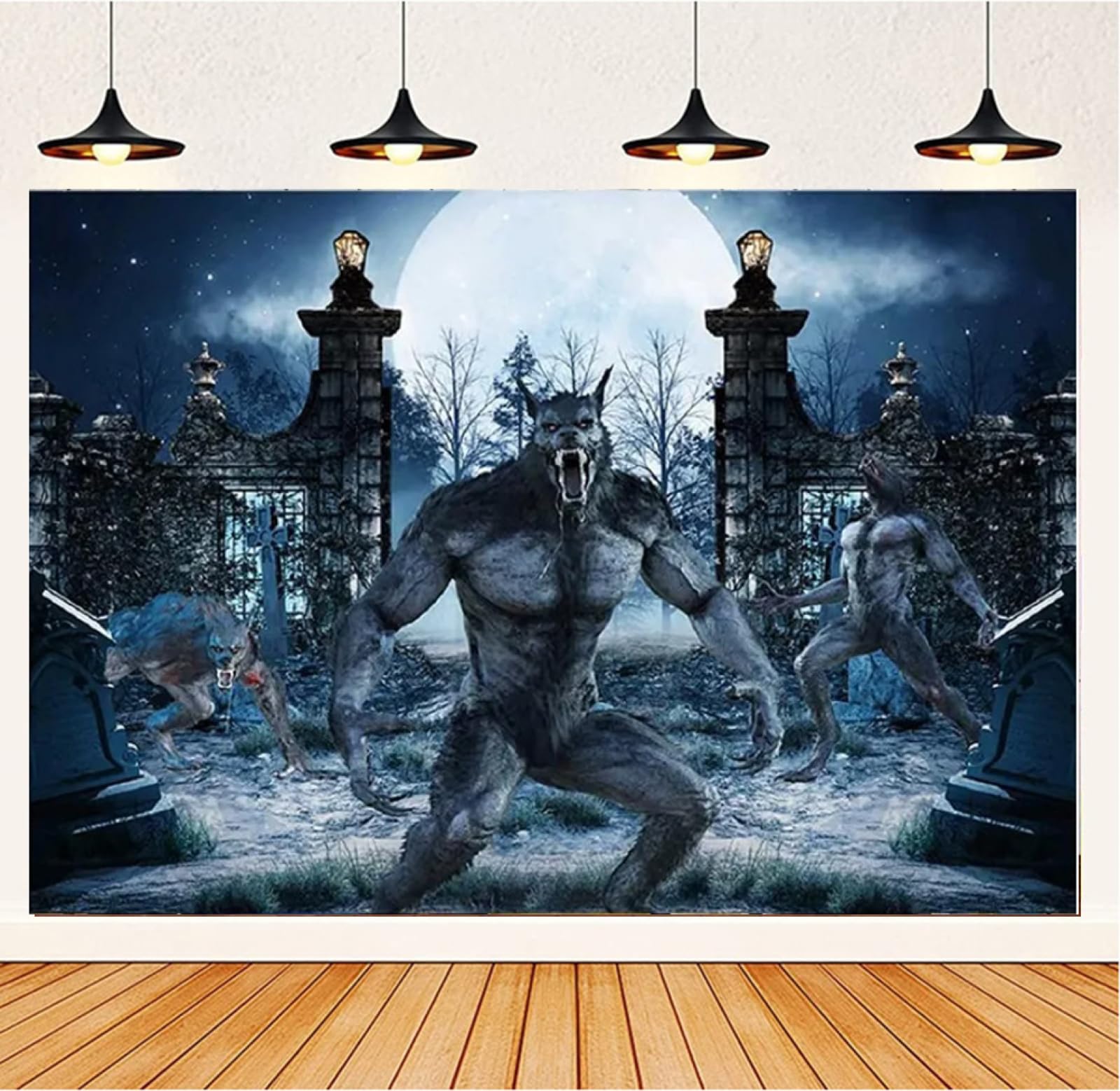 Halloween Night Werewolf Photography Backdrop Scary Graveyard Background Party Banner Decoration Baby Bath Poster Decoration 5x3 feet