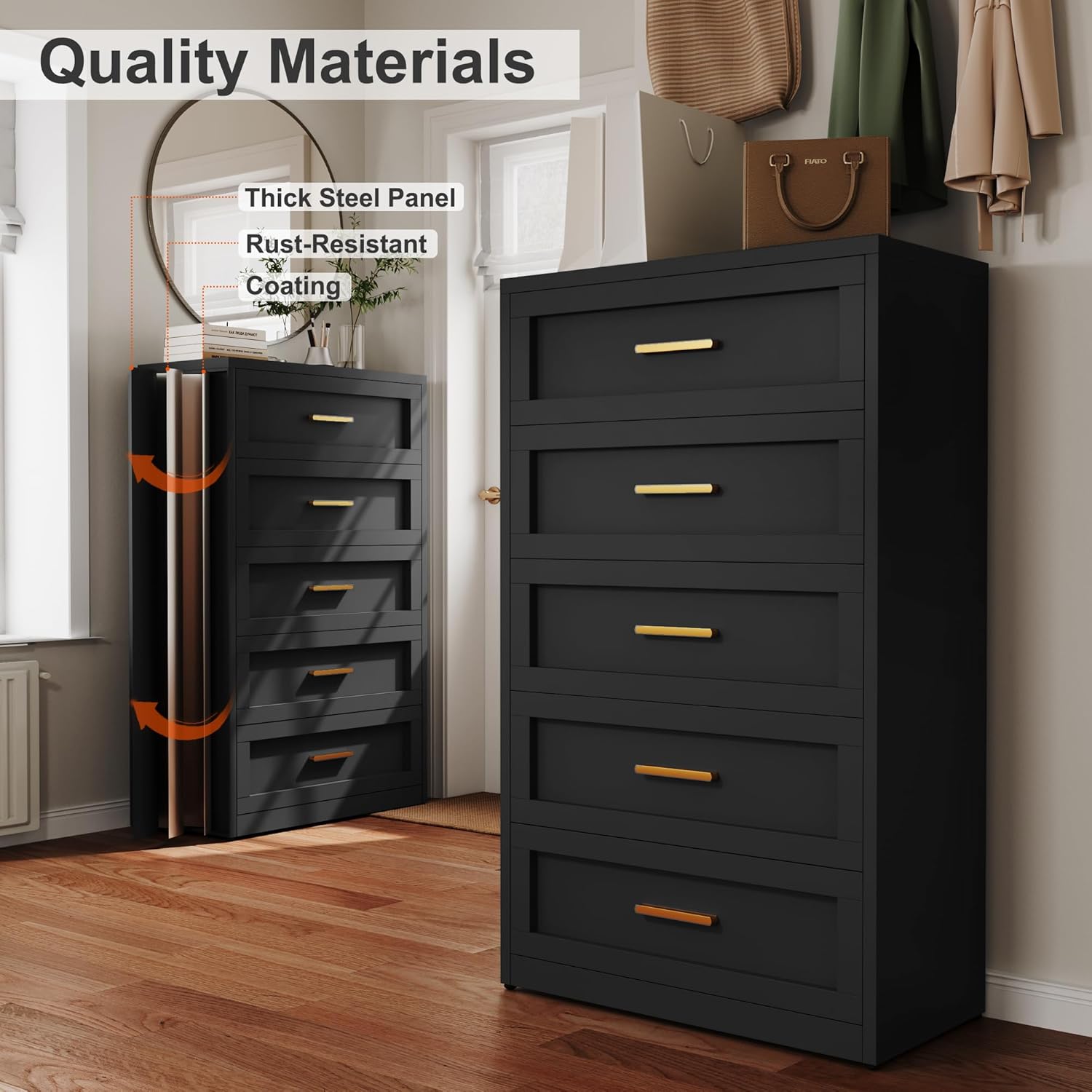 Black Metal Dresser with 5 Drawer, Tall Dressers for Bedroom, 48" Tall Modern Chest of Drawers, Steel Large Dresser Clothing Storage Organizer Deep Drawers for Closet, Living Room, Hallway