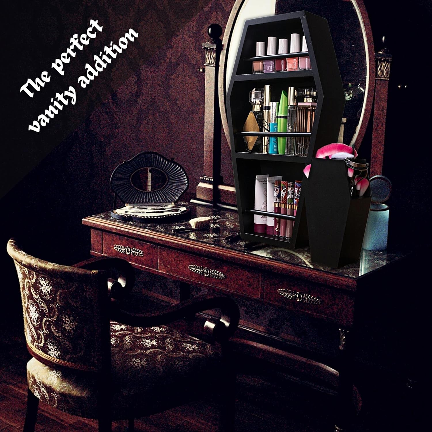 EpicGifts Goth Makeup Shelf - 3 Shelf Standing or Floating Wall Coffin, Makeup Brush Holder (Black)