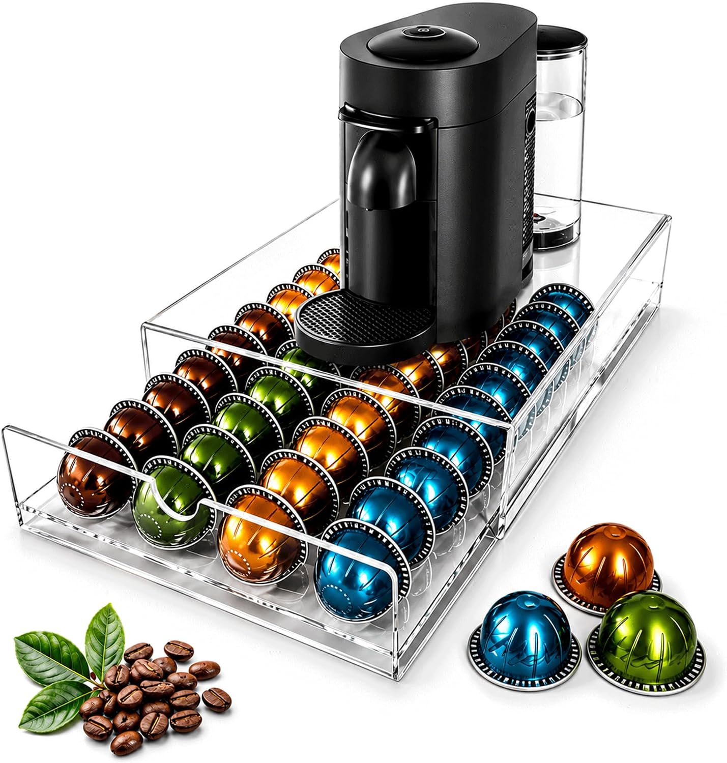 Coffee Pod Drawer Organizer Compatible for Nespresso Vertuo Pods Coffee Pod Organizer Holds 40 Large Capsules, Coffee Pod Storage with Smooth Pull-Out Design Coffee Pod Holder Fits under Coffee Makers