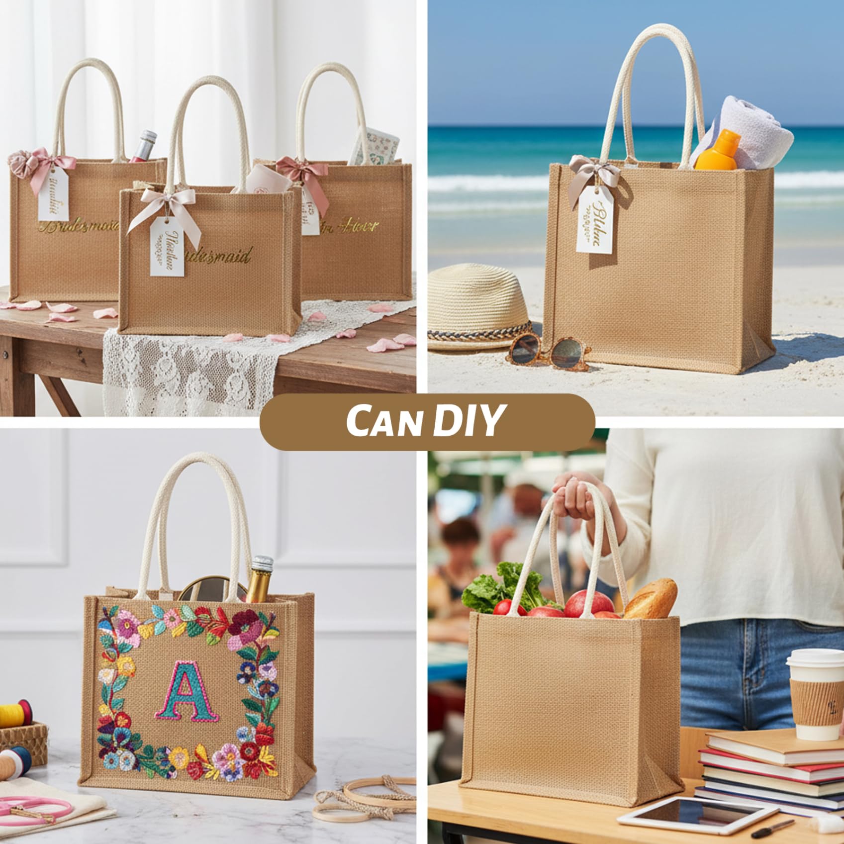 Lot de 12 sacs en jute imperméables, doublés et munis de poignées, parfaits pour la plage, les achats, les demoiselles d'honneur et les loisirs créatifs (22 x 16 x 10 cm). Dimensions : 22