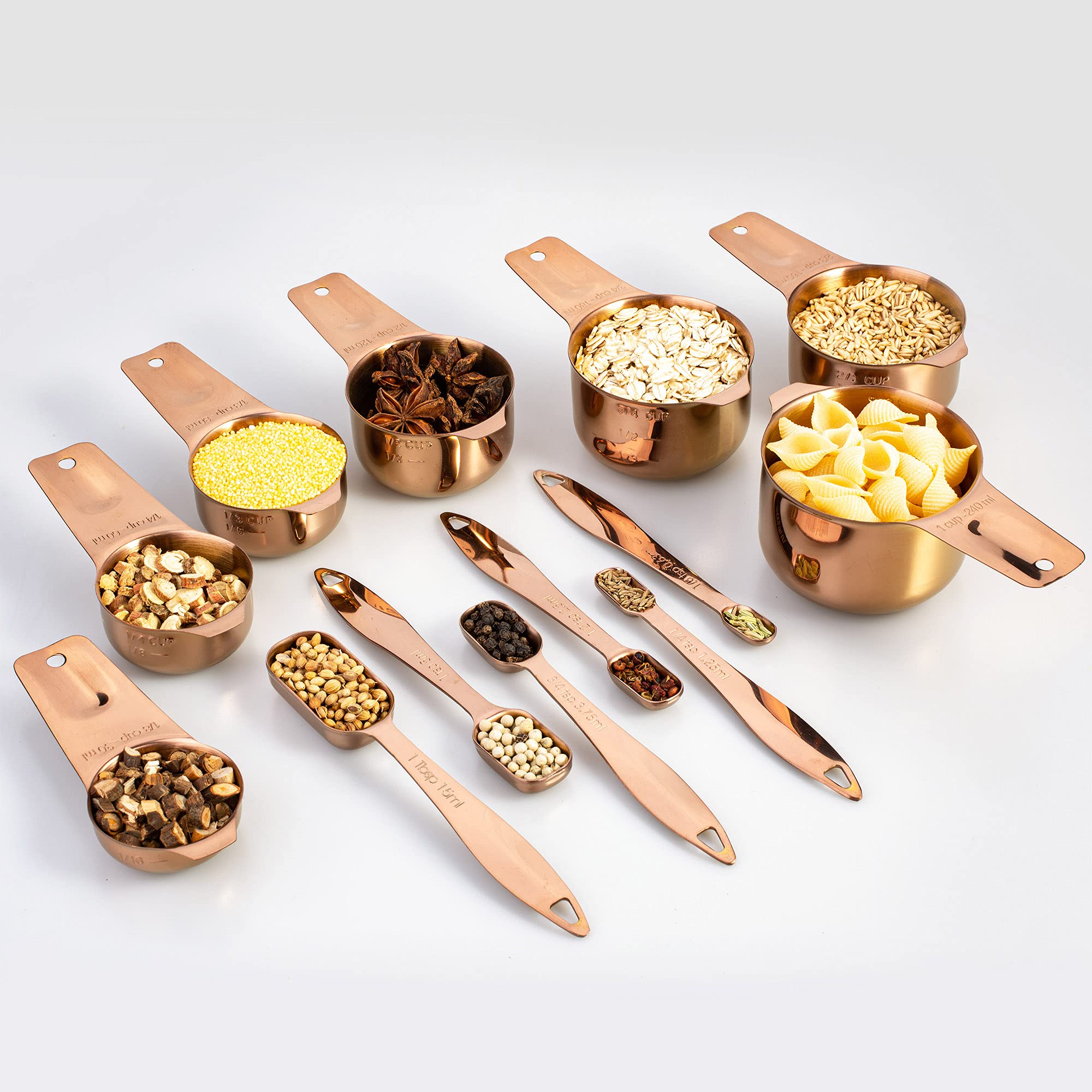 Lot de 13 tasses et cuillères à mesurer en acier inoxydable 18/8 avec poignée ergonomique robuste avec anneau de connexion Or rose
