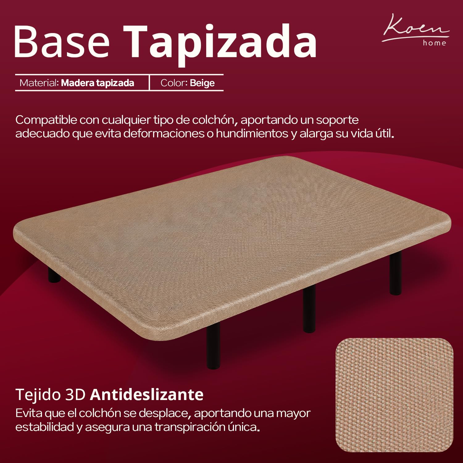 Base tapizada 200 x 200 cm (Dúo) Beige - Patas 30 cm - Tejido 3D Antideslizante - Estructura Resistente - 100% Transpirable - Compatible con Cualquier colchón