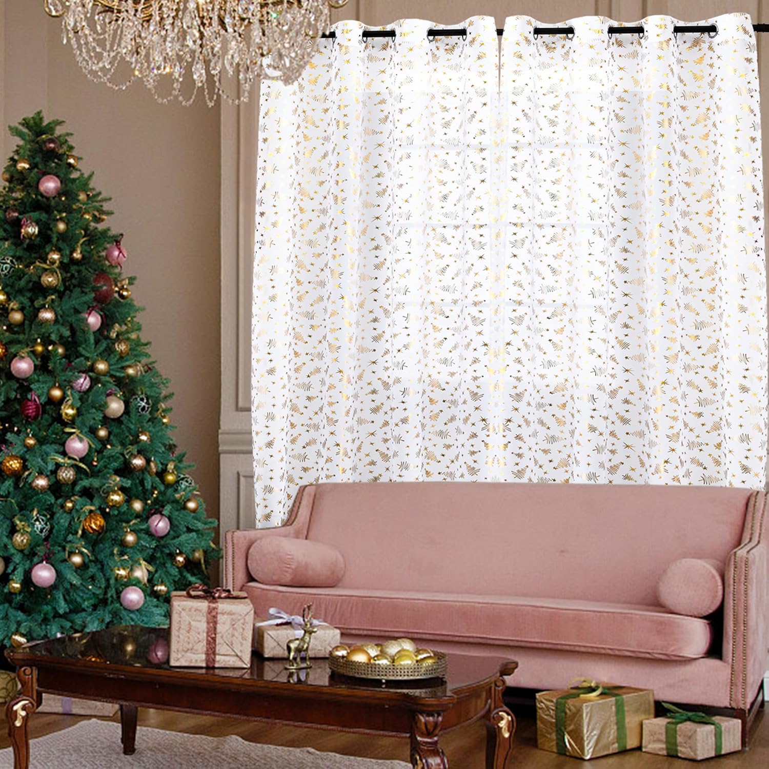 youleyar Christmas Tree Sheer Curtains, Luxury Gold Foil Print Voile Sheer Curtains, Metallic Bronzing Treatment Pair for Holiday Window Decoration, Living Room, Set of 2 Panels White, 52 x 108 inch