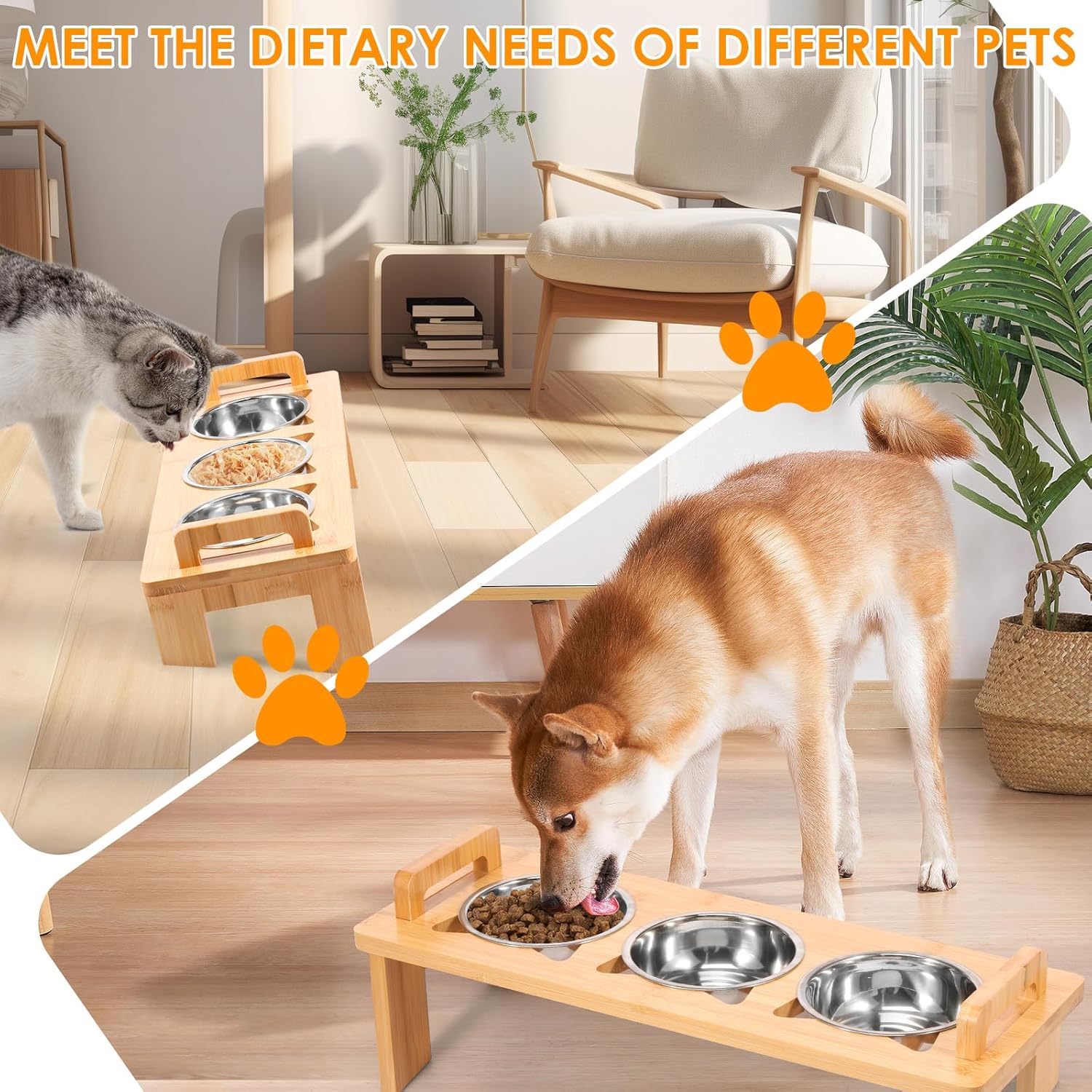 Elevated Cat Food Bowl, 15°Tilted Cat Bowl Stand, 3 Stainless Steel Raised Dog Bowls with Stand, Anti Vomiting Raised Cats Dishes for Food and Water Anti Vomit Feeding Station for Cats and Puppy