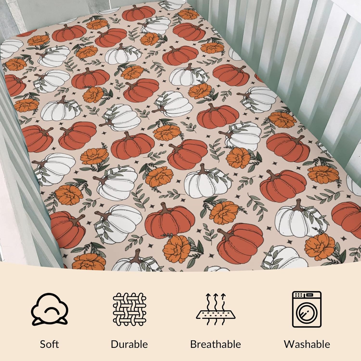 Boho Fall Pumpkin Floral Baby Crib Sheets Retro Autumn Pumpkin Flowers Thanksgiving Baby Sheets Fitted Crib Mattress Cover for Standard Crib Toddler Mattresses 28x52in
