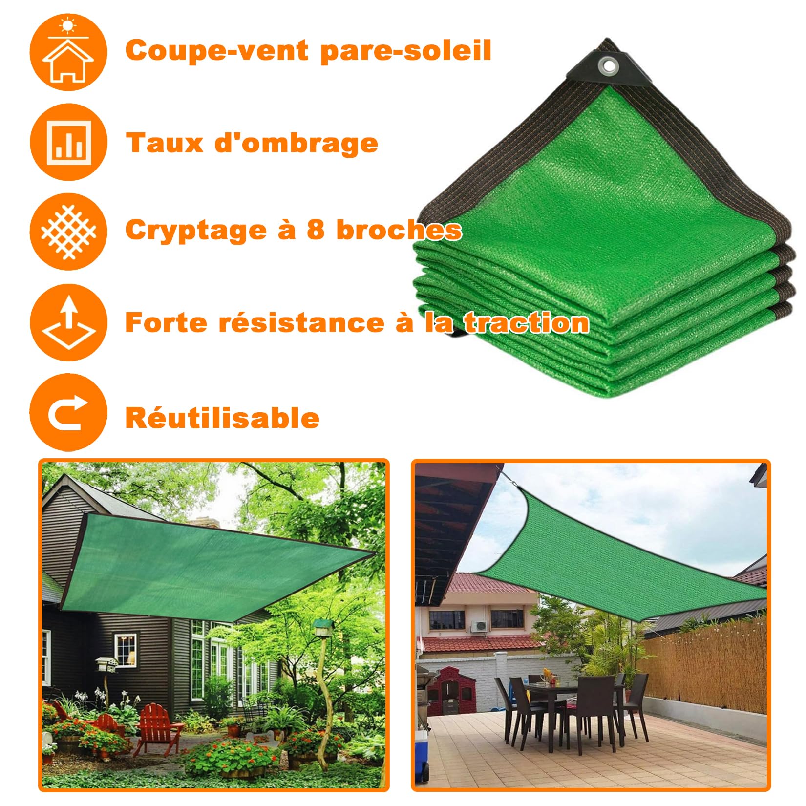 Toldo de vela de 9 x 9 m, 90 % de protección UV, para patio, jardín, balcón, sol, tela verde para aliviar el calor