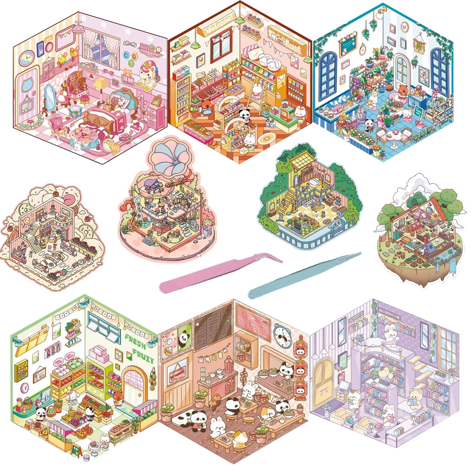 Bayurht 10 Sets 3D Scene Stickers DIY Decorative Stickers Cute Isometric Sticker Kawaii 3D House Cartoon Animal Sticker for Make Your Own Stickers