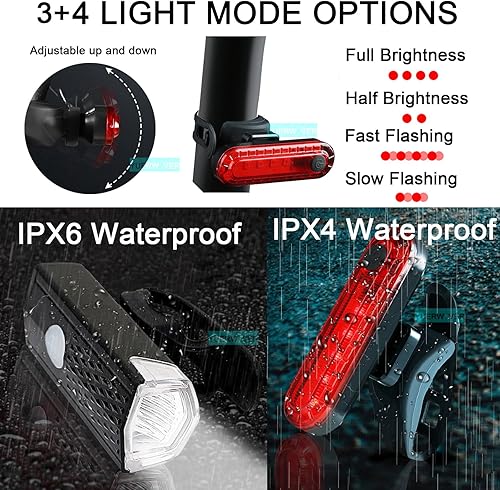 Miniatura 6 de Juego de luces recargables ultra brillantes para bicicleta, faros delanteros y traseros traseros para ciclismo, luz de advertencia, impermeable, luz
