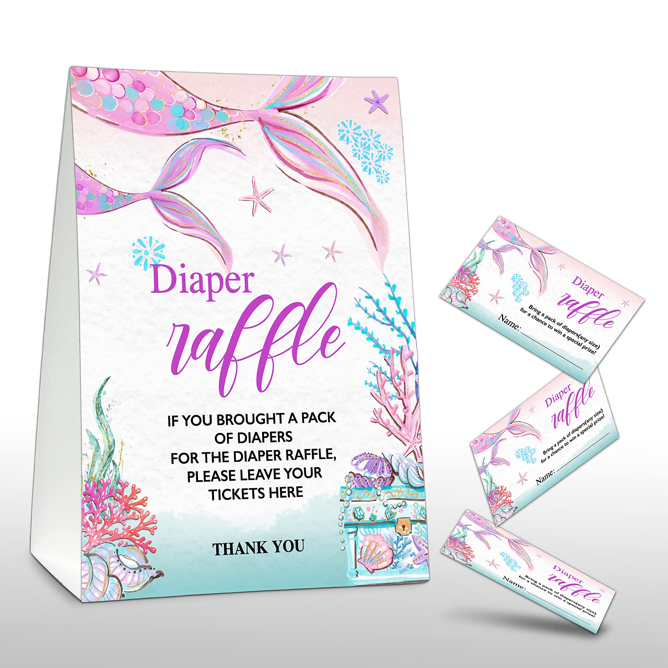 Chuxvon Diaper Raffle Party Games, Mermaid Baby Shower Game, Under the Sea Themed Baby Gender Reveal Party Supplies & Activities -1 Double Sided