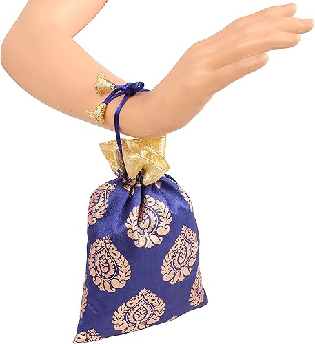 Miniatura 5 de Touchstone Bolsas de cordón tradicionales indias hechas a mano en tejido brocado con patrón de hojas de ficus. Perfecto para regalos, joyas, bodas,