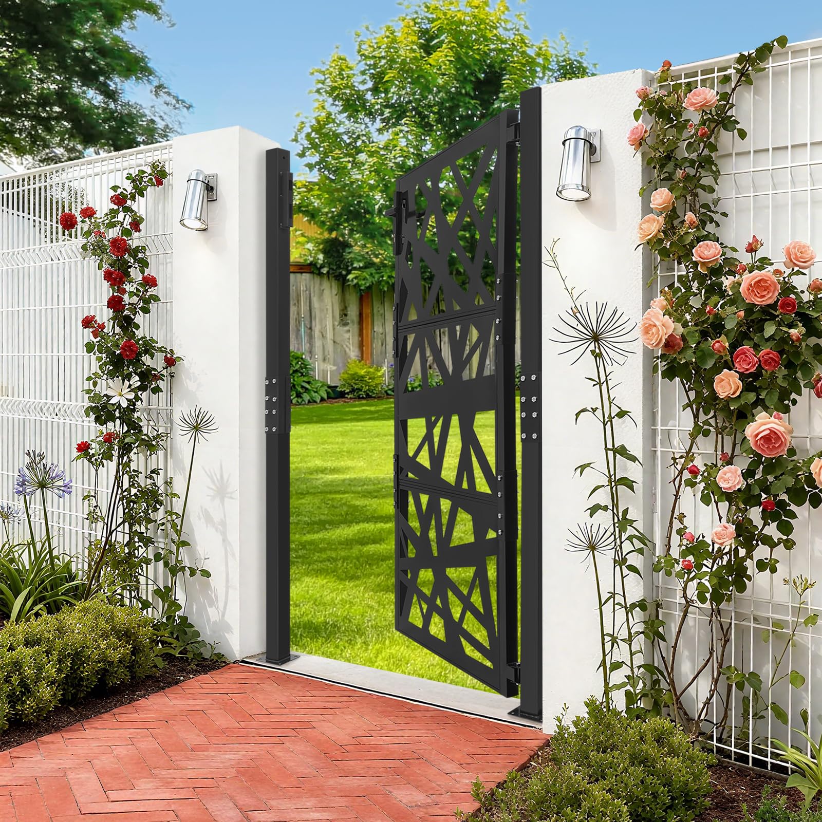 105 x 175 cm, cancello da giardino in metallo, con serratura, in acciaio, per giardino, terrazza, cancello esterno, cancello di sicurezza, cancello d'ingresso, recinzione da giardino (nero)