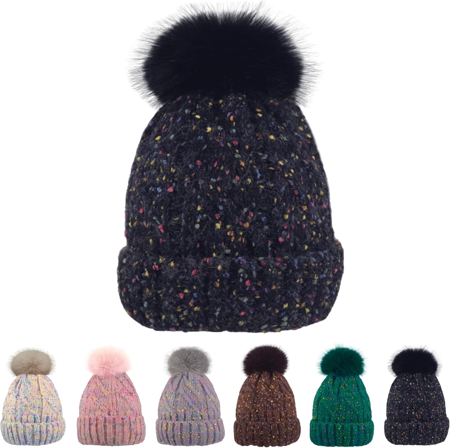 Kids Winter Beanie Hat - Fleece Lined Layer Chunky Knit Pom-Pom Stocking Cap for 3-12 Years Boys Girls Cold Weather