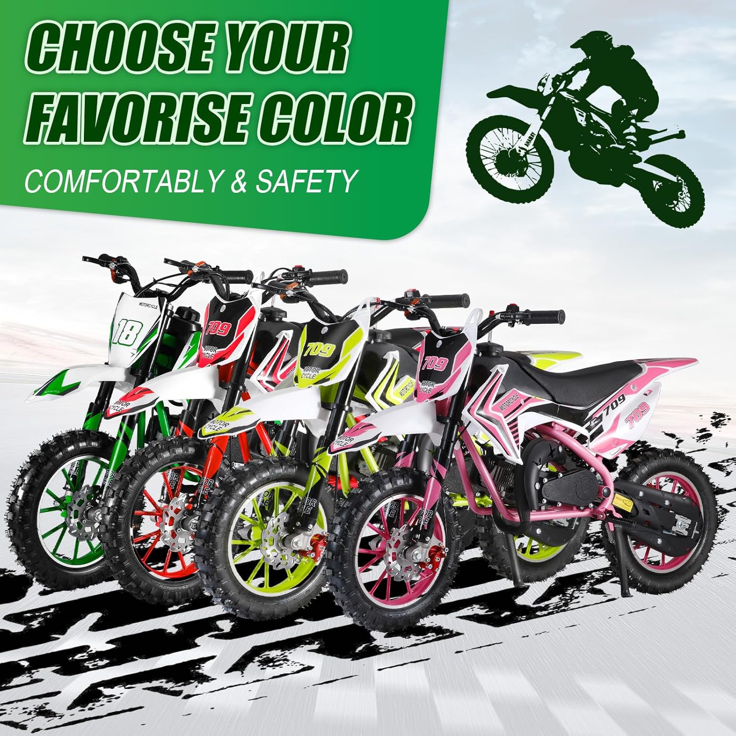 50cc Gas Dirt Bike for Kids & Teens, 2-Stroke Off-Road Mini Bike, Gas Powered Pit Bike Motorcycle for Boys & Girls, Pocket Motor Bike, 330Lbs Max (Green)