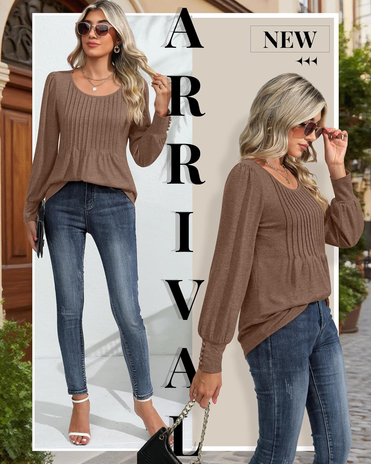 Ficerd Women's Puff Long Sleeve Tunic Tops Pleated Crew Neck Blouses Dressy Casual Loose Fit Fall and Winter Shirts - Image 5