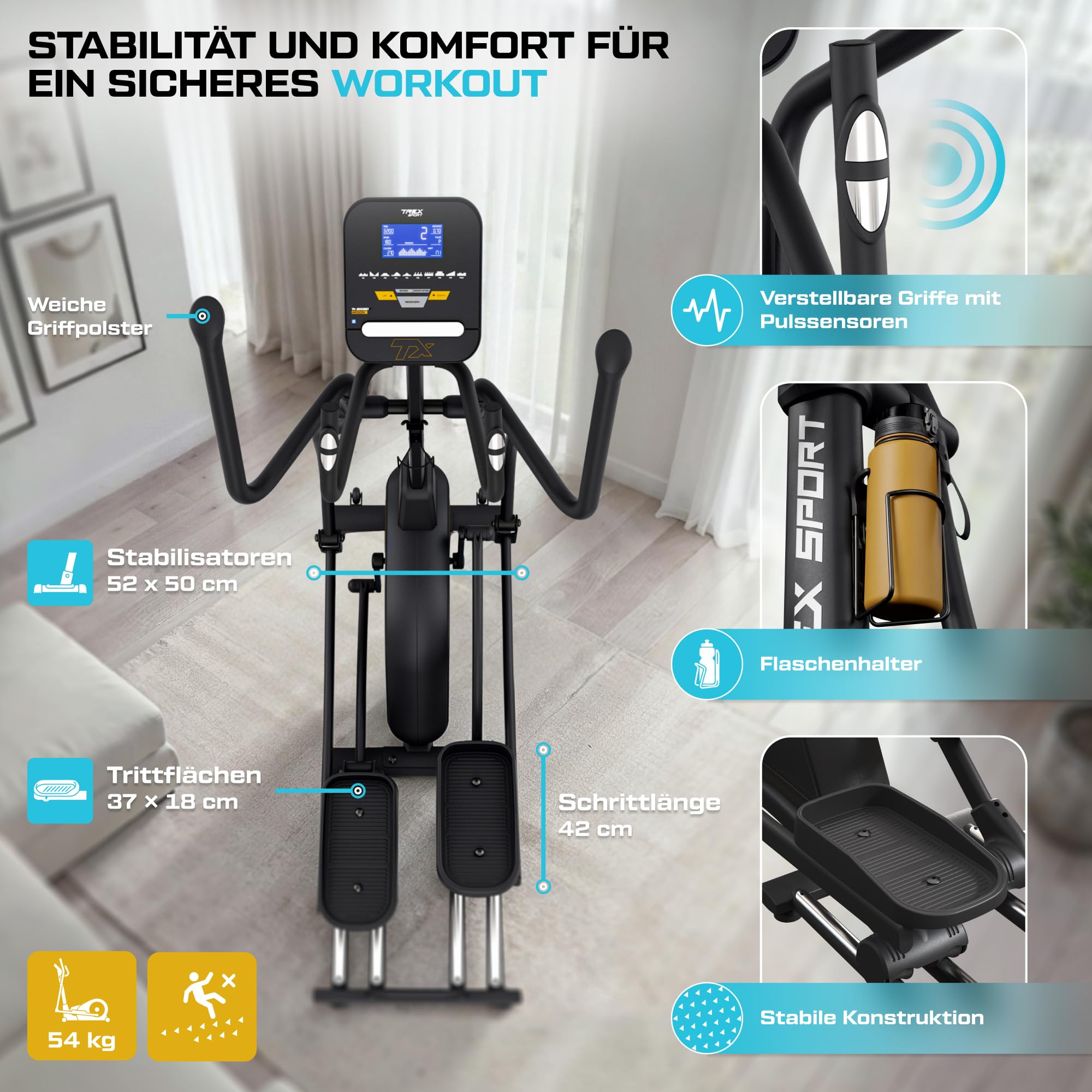 TREX SPORT Crosstrainer für zuhause Argon bis 135kg 32 Stufen Kinomap App | TX-900ECT Ellipsentrainer mit elektromagnetischem System, 18 kg Schwungrad, 32 Widerstandsstufen, 21 Programme, Schwarz