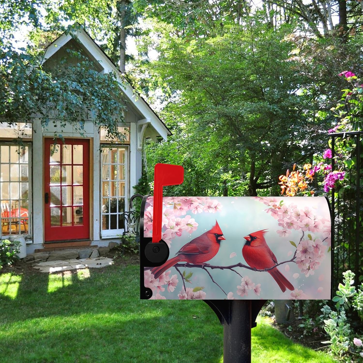 Cardinal Mailbox Cover Magnetic Spring Cherry Blossom Birds Design Summer Mailbox Covers Waterproof Floral Nature Red Cardinal Bird Mail Box Wrap for Farmhouse Decor Standard Size 21x18 Inch