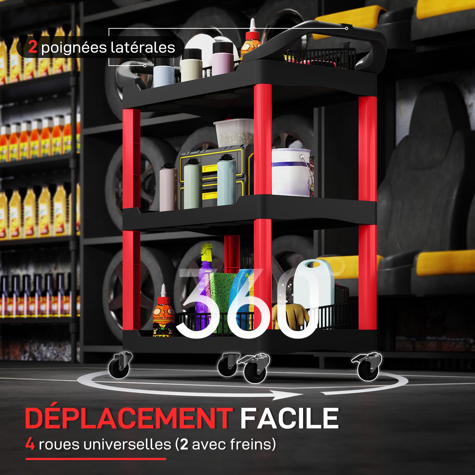 HOMCOM Chariot d'atelier servante Atelier Chariot à Outil à 3 Niveaux avec poignée latérale, desserte Atelier pour Garage, entrepôt, Outils de Bricolage, Charge 91 Kg, 83 x 43 x 97 cm, Noir et Rouge