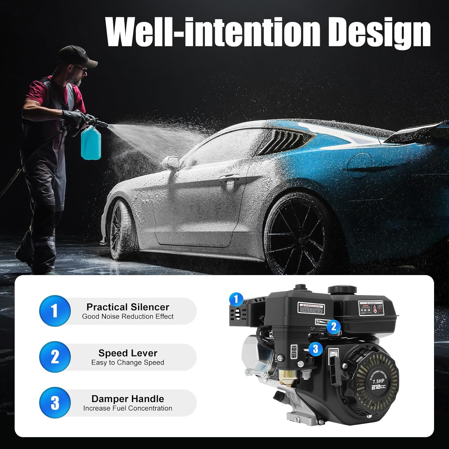 Gas Engine, Pull Start Gas Engine Motor Power 4 Stroke Replacement, OHV Air-Cooled Pull Start Engine, 160/210CC Gas Engine Motor, Kart Pull Start Gas Engine，for Honda GX160 (7.5HP)