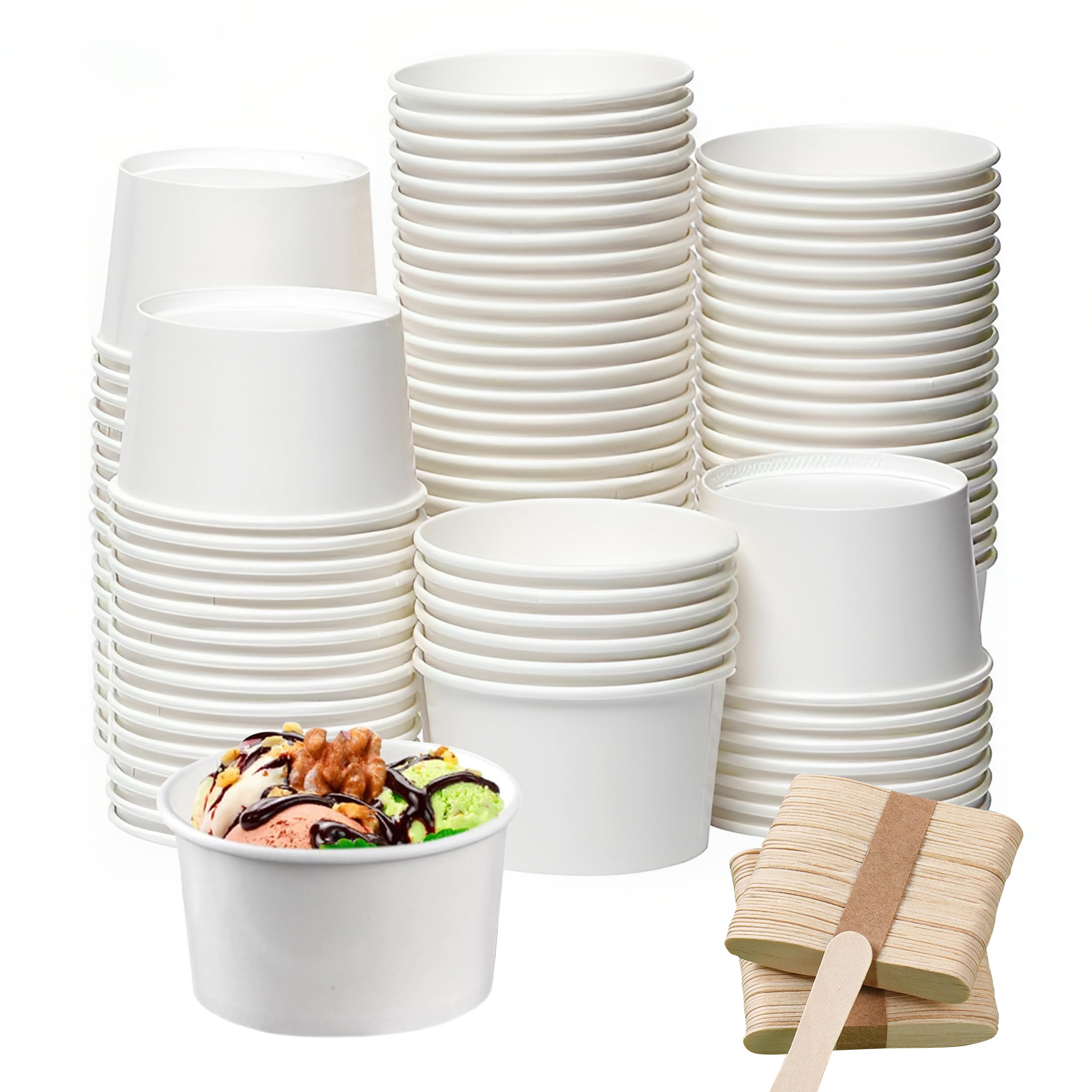 Papierowe foremki do muffinek, 60 sztuk kartonowych kubków do lodów, 120 ml, jednorazowe miseczki do lodów z drewnianą łyżeczką, do bufetów, deserów, na wesela, wózki z jedzeniem, lodziarnie
