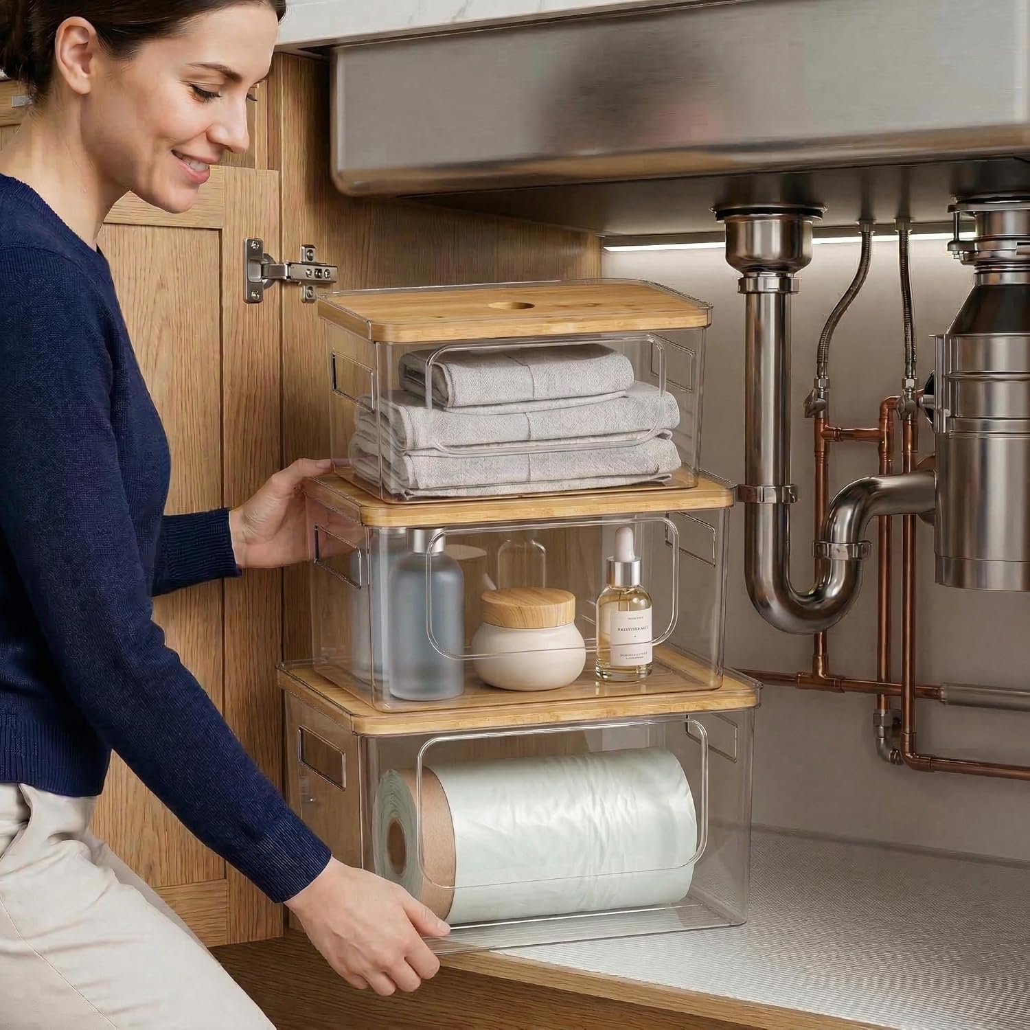 Trash Bag Dispenser with Anti-Slip Pads - Stackable Garbage Bag Dispenser with Bamboo Lid and Anti-Slip Bottom, Laundry Room, Pantry, Under Sink Organizer and Storage (XL+M+S)