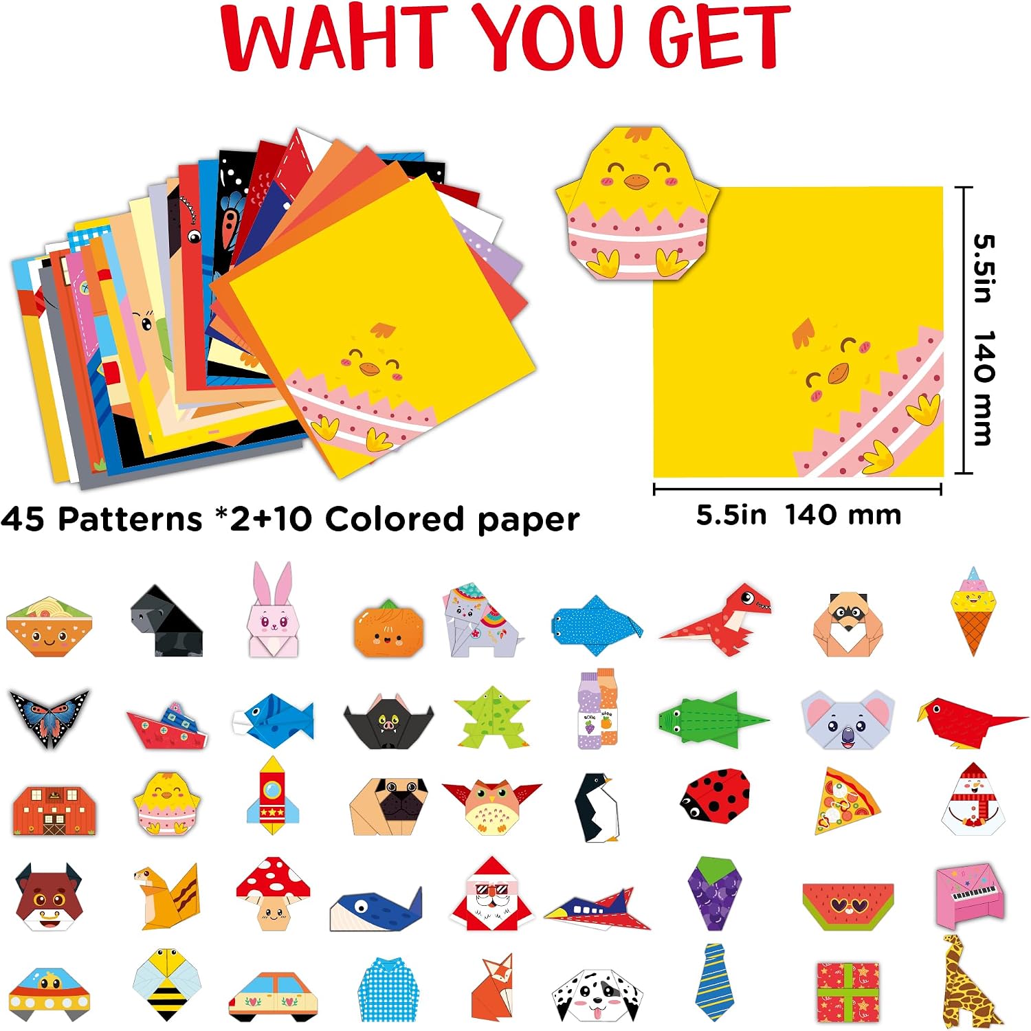 Origami Kit for Kids Ages 5-8 8-12, 100 Sheets Double Sided Colorful Folding Paper (45 Patterns×2+10Blank) with Clear Guiding Book, Animals Dinosaur Art Activity DIY Craft Set Gift for Girls Boys