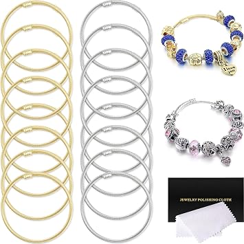 16 Pieces Twisted Cable Wire Charm Bracelet Stylish Fine Stainless Steel Open Cuff Bracelets Mixed Adjustable Expandable Elastic Bangle Bracelets for Women DIY Jewelry Making Christmas Day Gift